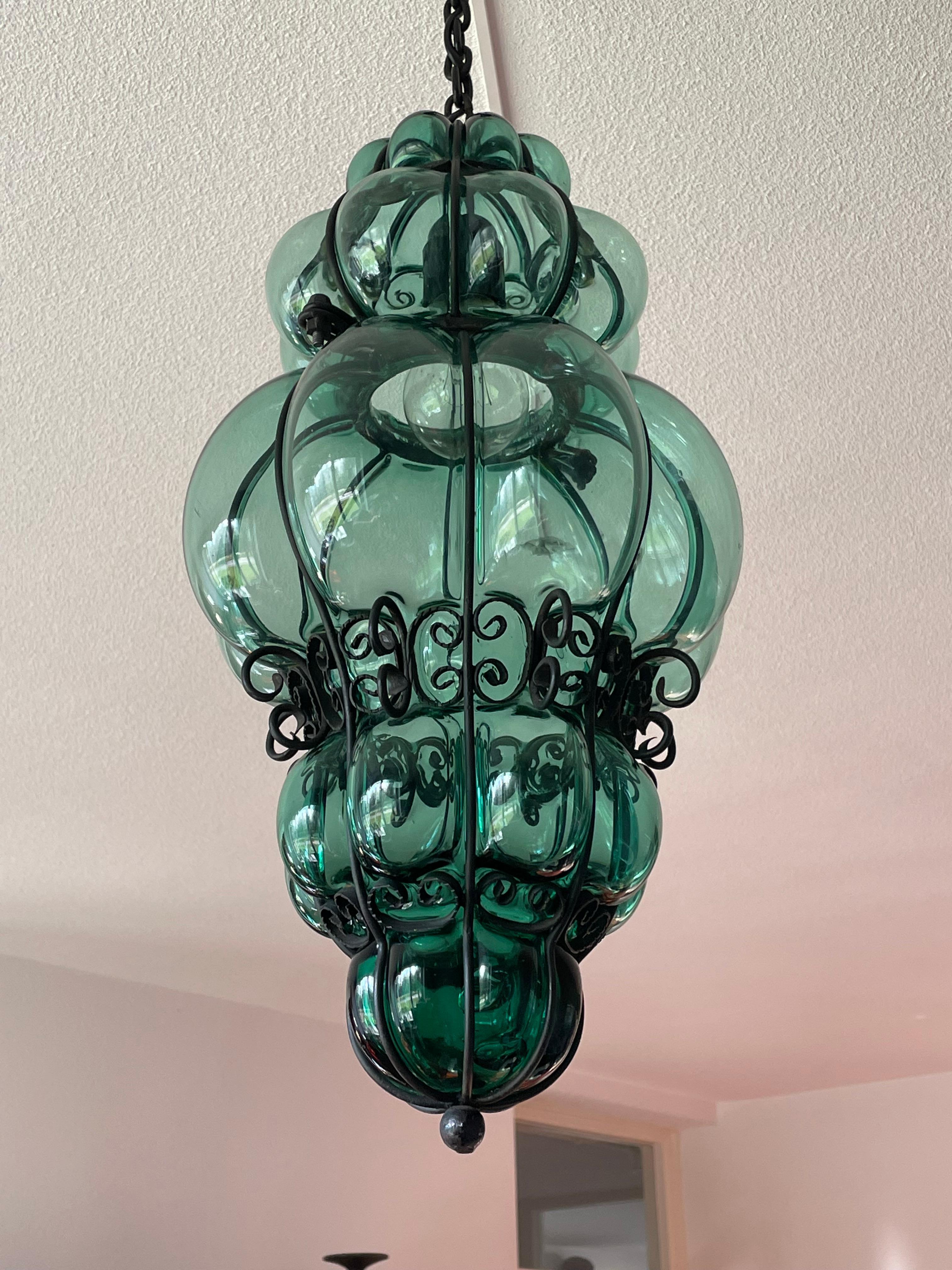 Blown Glass Awesome Venetian Murano Pendant Light w. Mouth Blown Bluish Green Glass in Frame For Sale