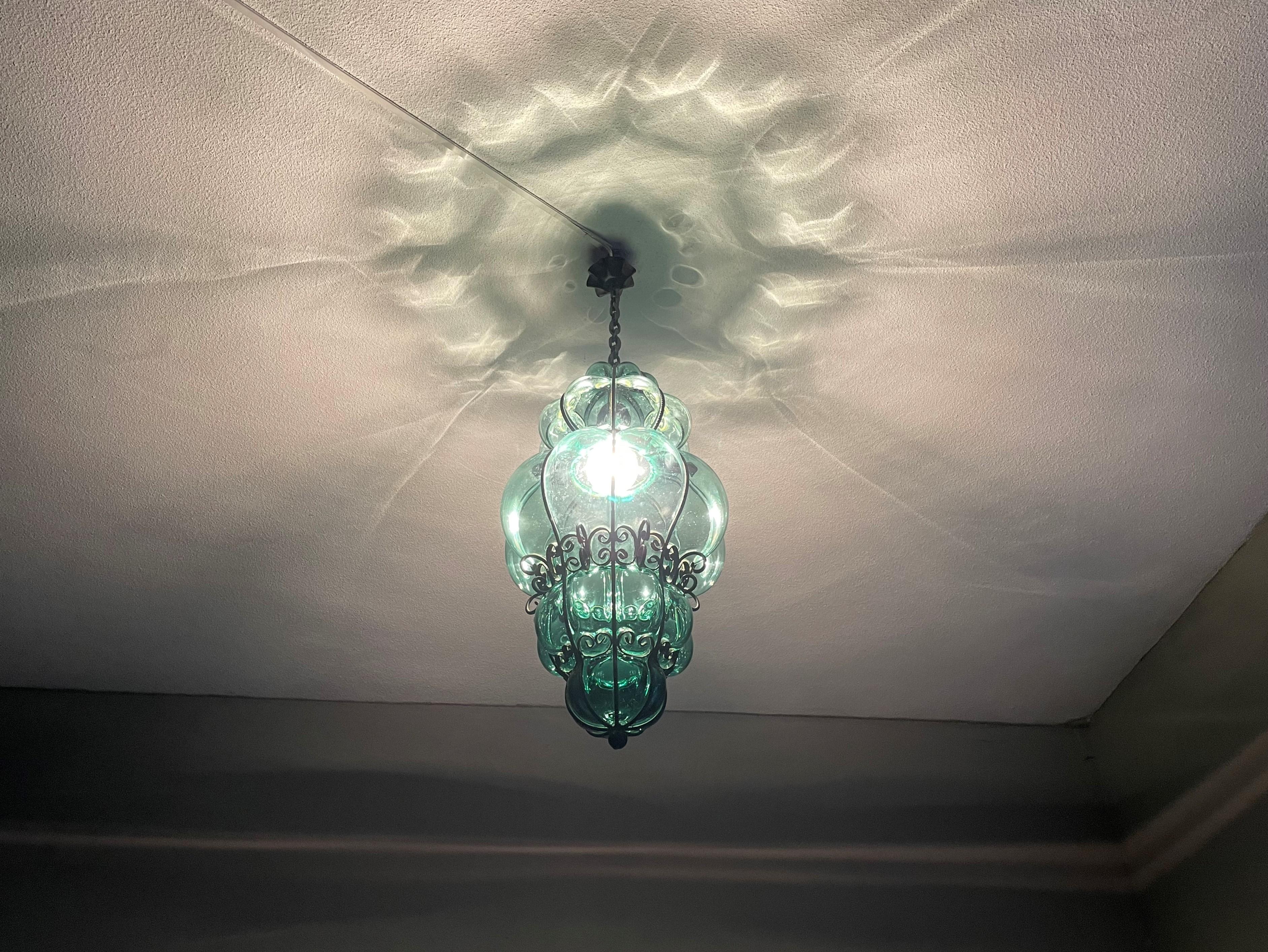 Awesome Venetian Murano Pendant Light w. Mouth Blown Bluish Green Glass in Frame For Sale 2