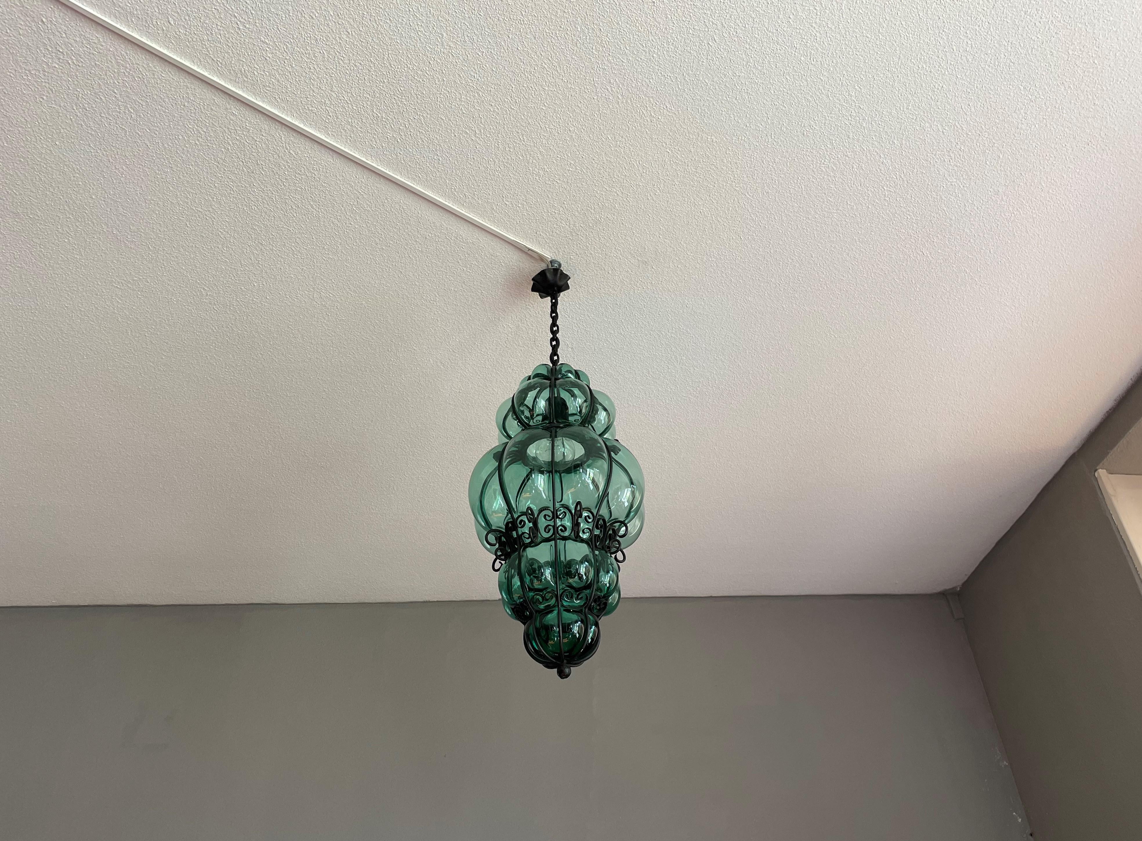 Awesome Venetian Murano Pendant Light w. Mouth Blown Bluish Green Glass in Frame For Sale 4
