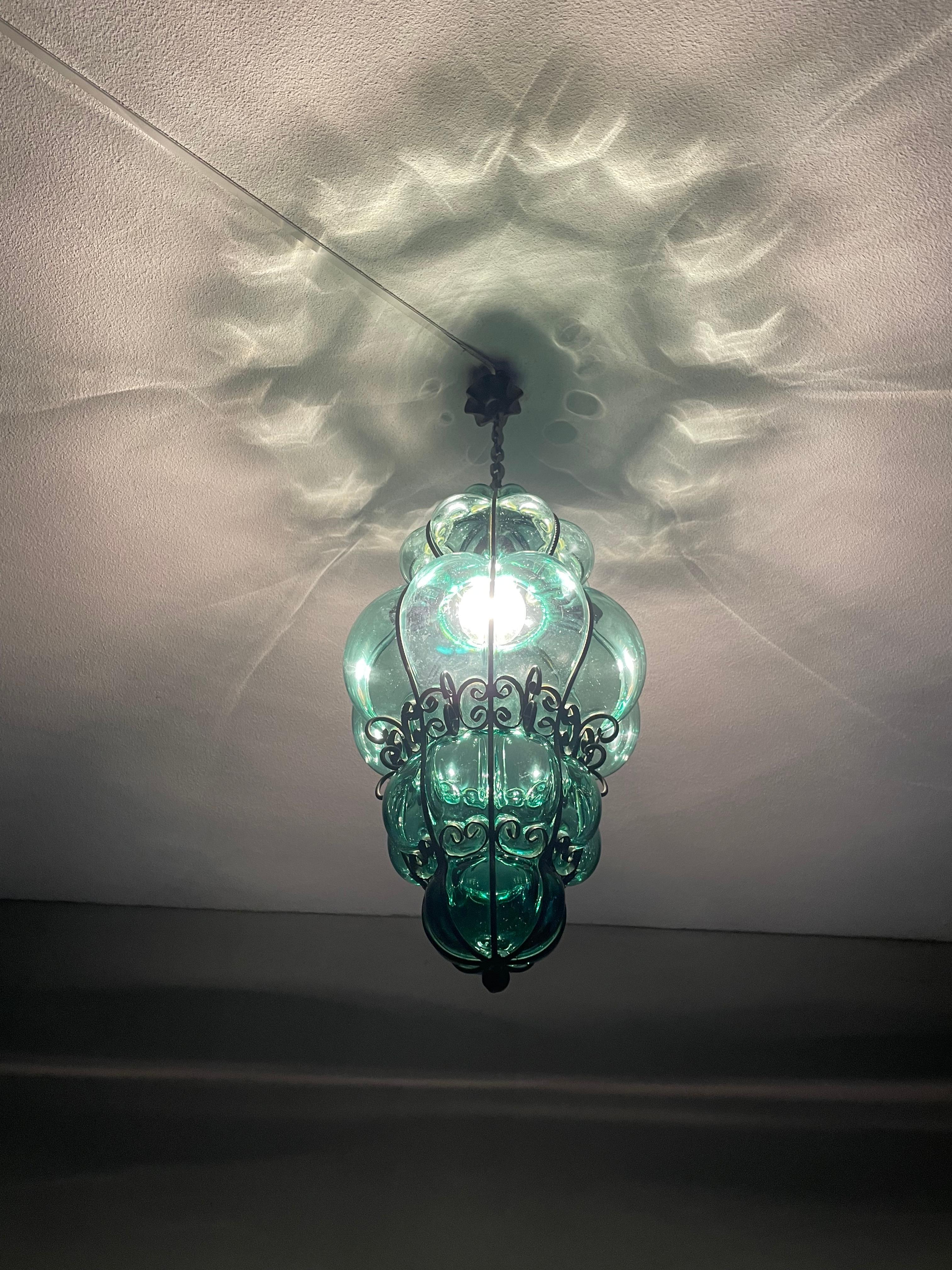 Awesome Venetian Murano Pendant Light w. Mouth Blown Bluish Green Glass in Frame For Sale 5
