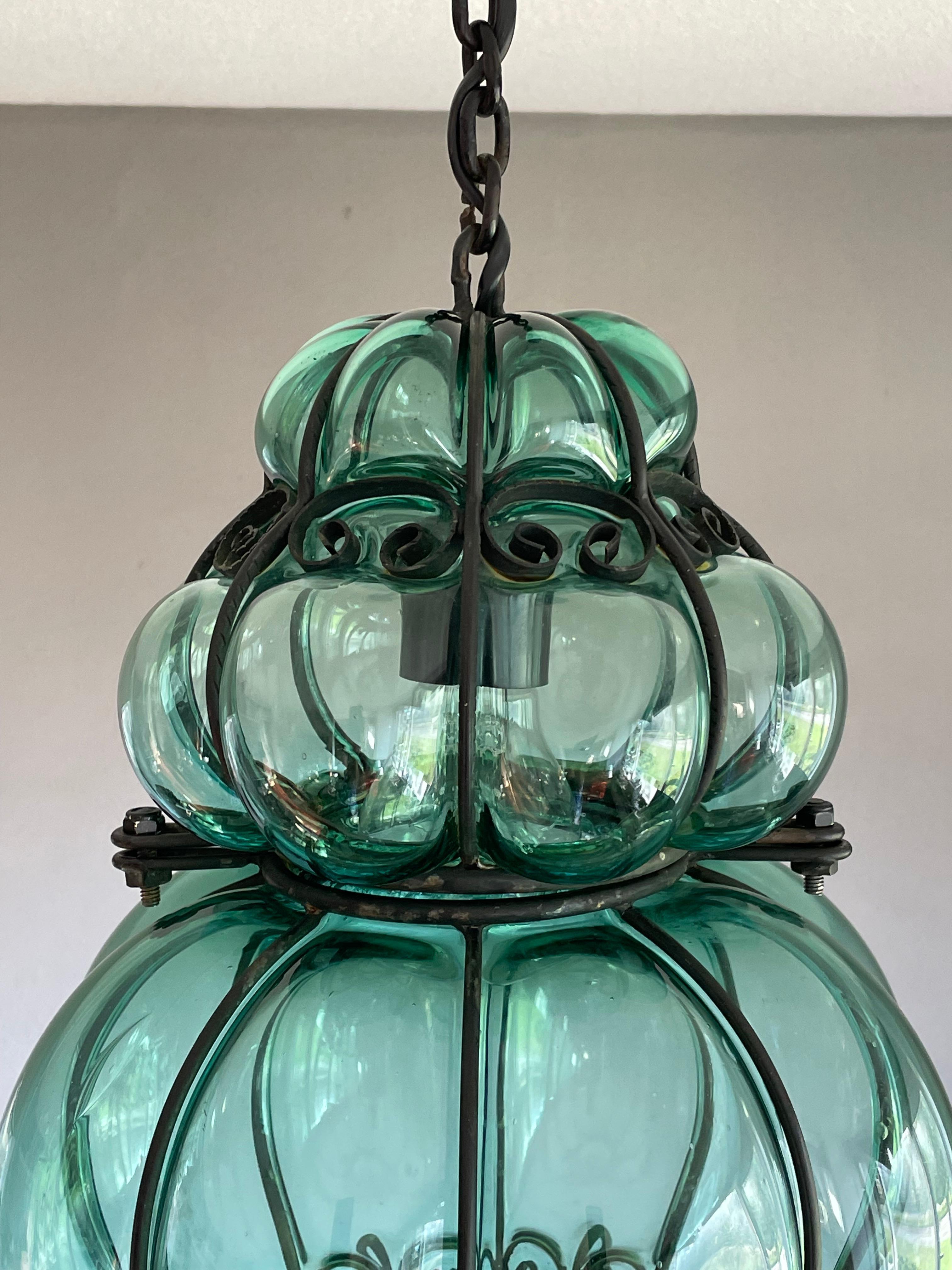 Awesome Venetian Murano Pendant Light w. Mouth Blown Bluish Green Glass in Frame For Sale 6
