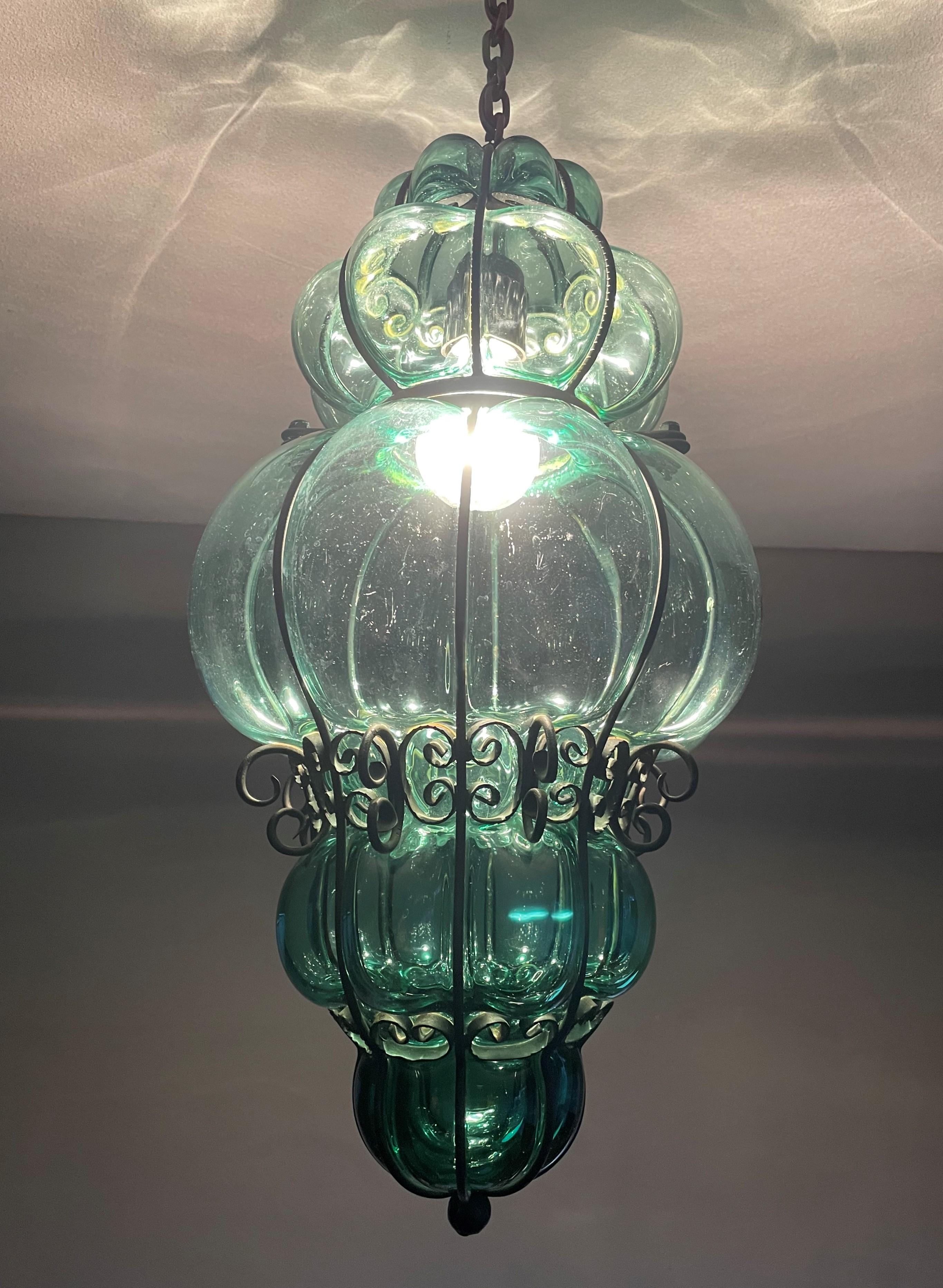Awesome Venetian Murano Pendant Light w. Mouth Blown Bluish Green Glass in Frame For Sale 7