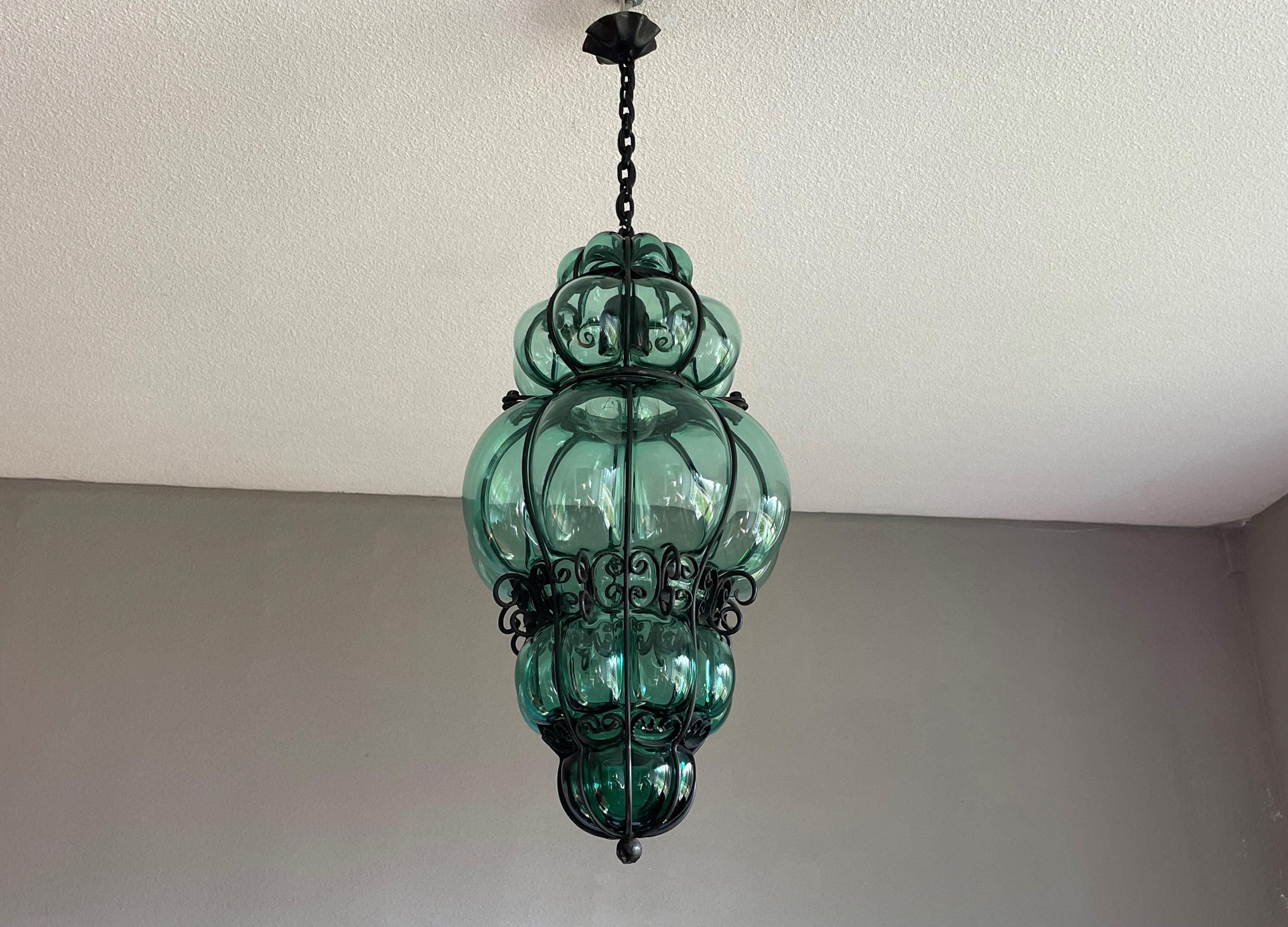 Awesome Venetian Murano Pendant Light w. Mouth Blown Bluish Green Glass in Frame For Sale 8