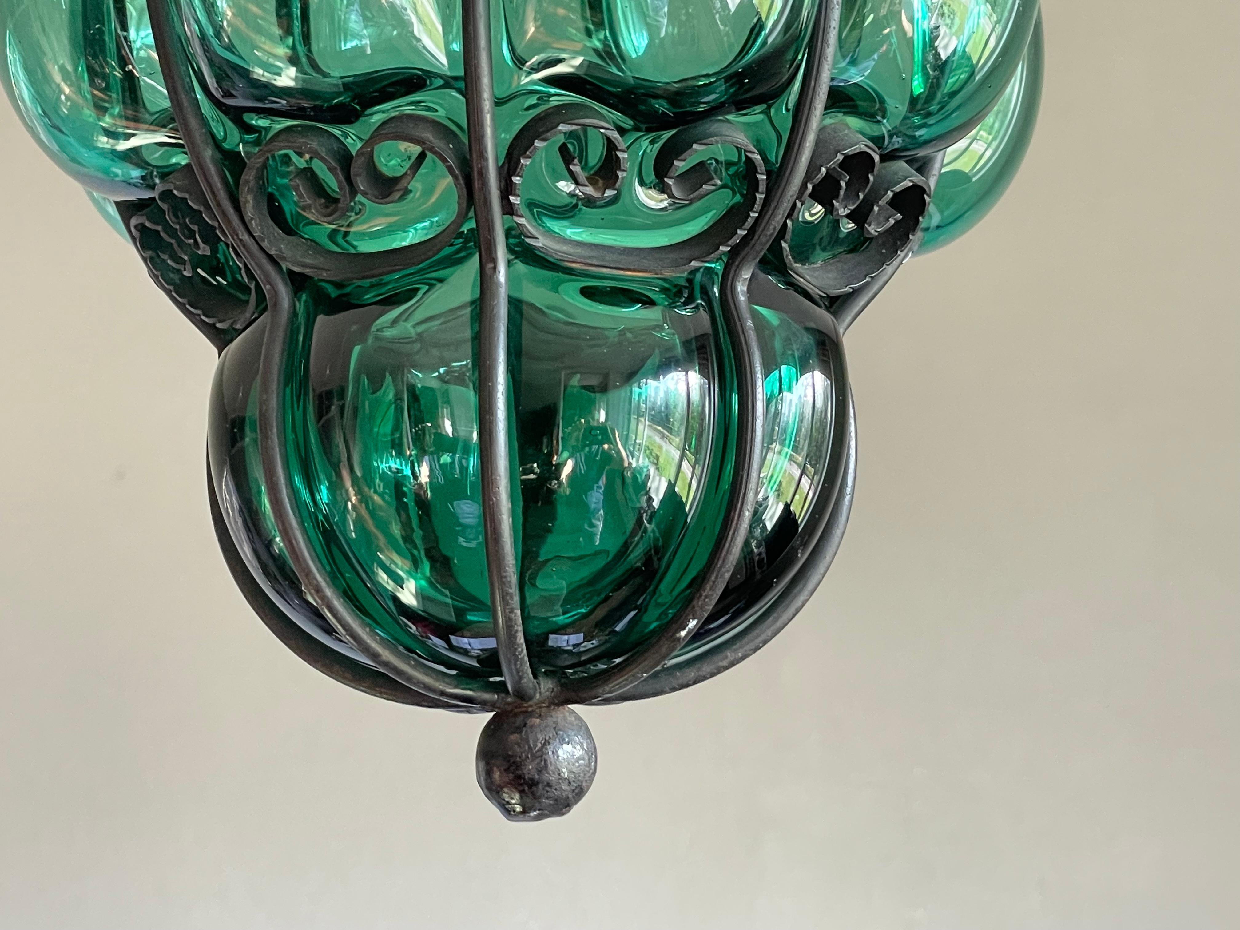 Italian Awesome Venetian Murano Pendant Light w. Mouth Blown Bluish Green Glass in Frame For Sale
