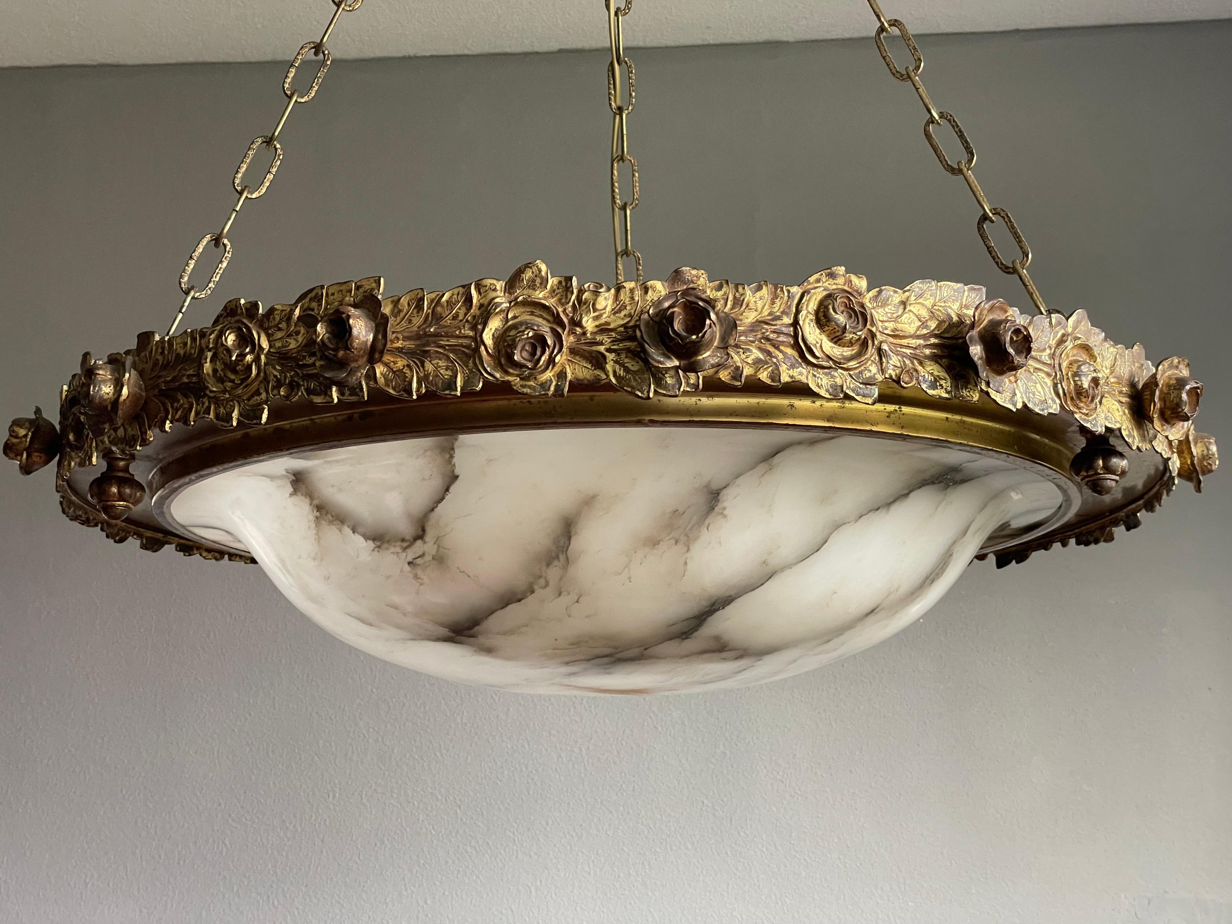 Arts and Crafts Awesome XL White & Black Alabaster Chandelier Pendant w. Gilt Bronze Roses Frame For Sale