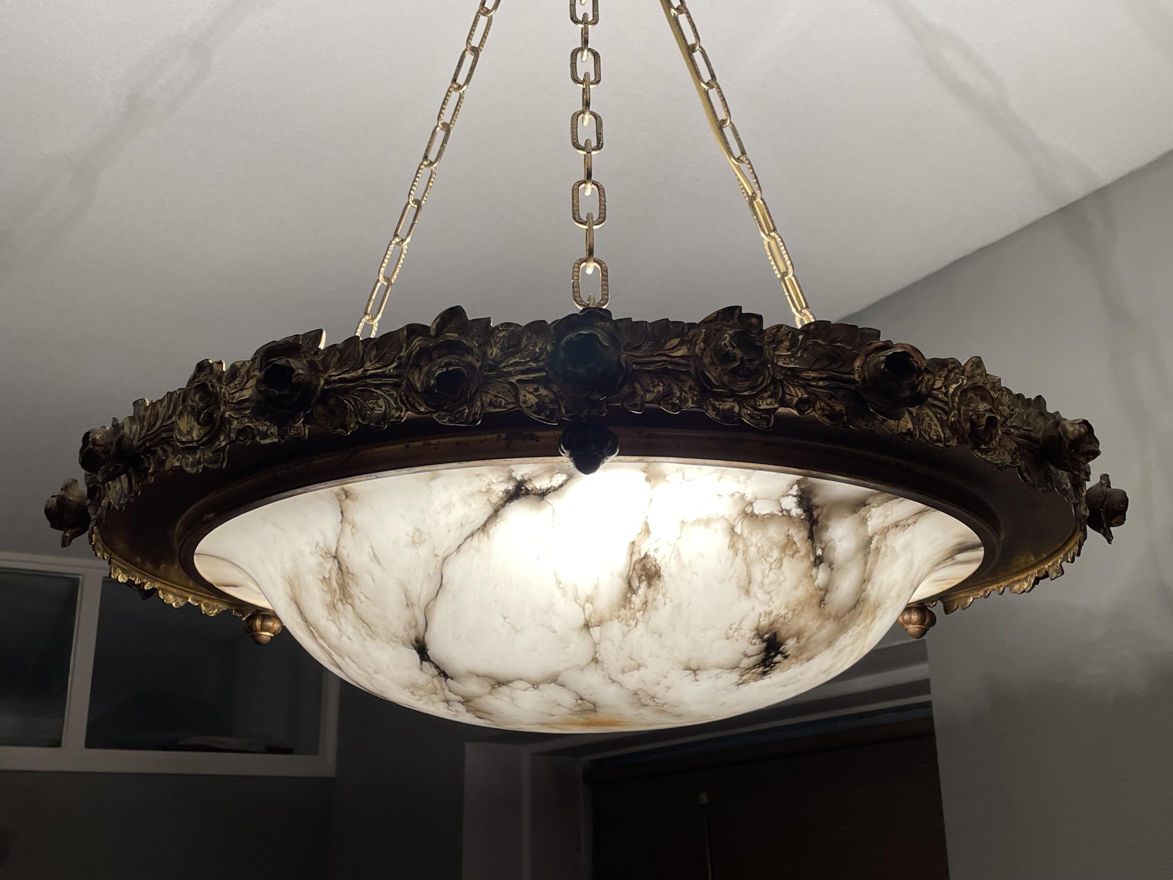 French Awesome XL White & Black Alabaster Chandelier Pendant w. Gilt Bronze Roses Frame For Sale