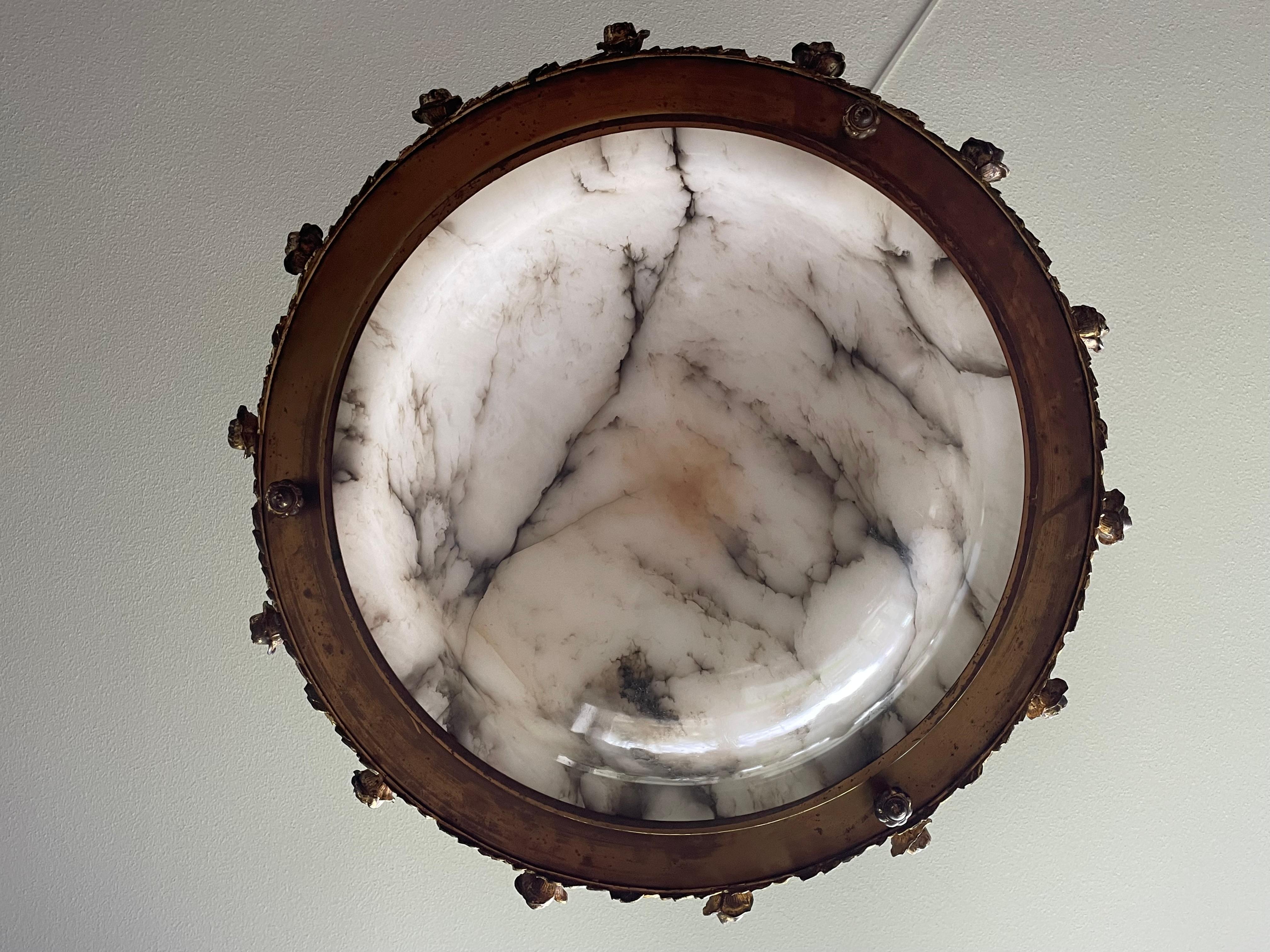 Hand-Knotted Awesome XL White & Black Alabaster Chandelier Pendant w. Gilt Bronze Roses Frame For Sale