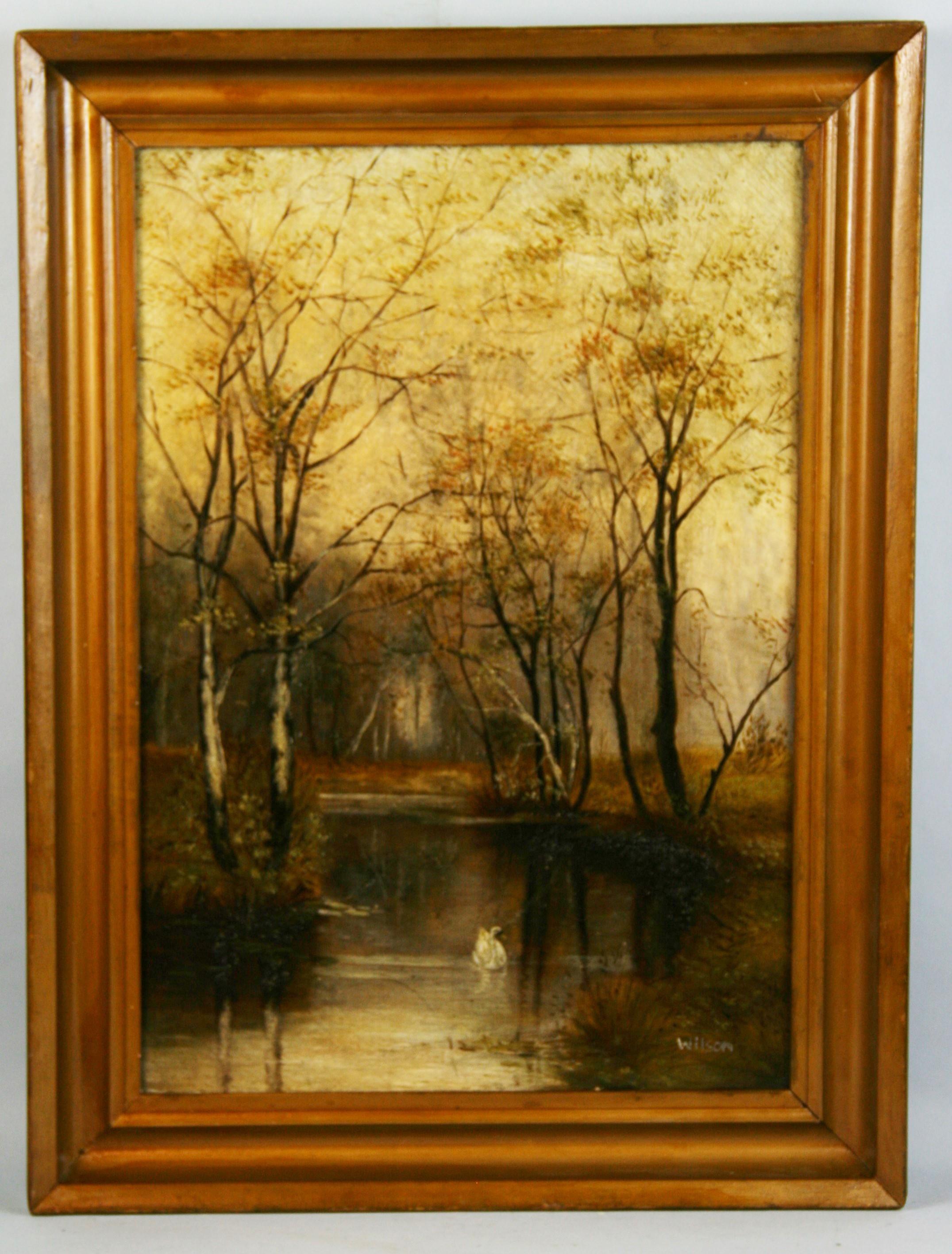 Antique Landscape oil on canvas Swan in a Stream - Painting by A.Wilson