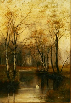 Antique Landscape oil on canvas Swan in a Stream