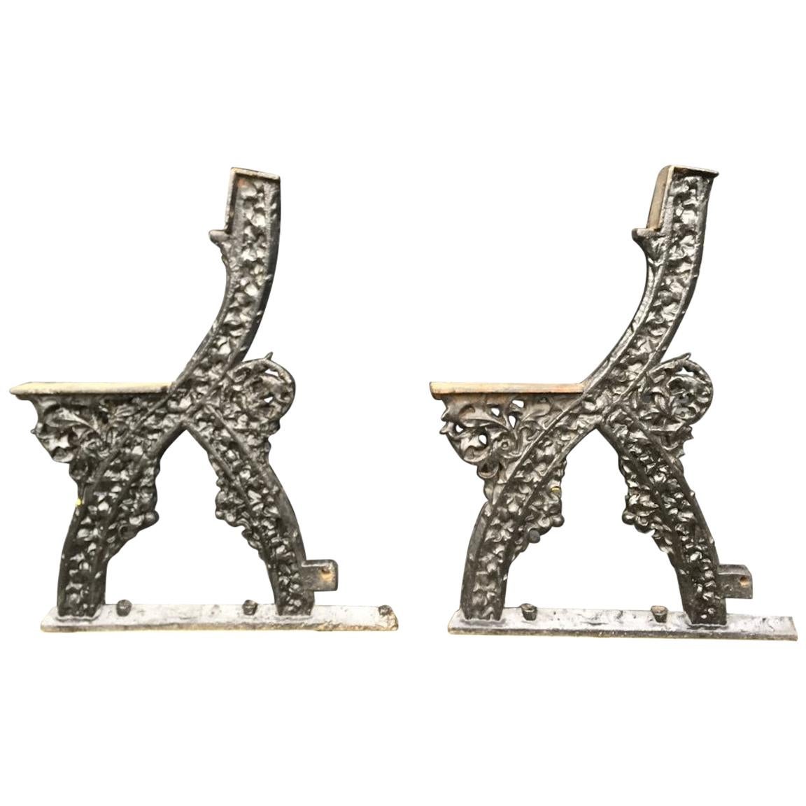A.W.N. Pugin Attri, a Pair of Early Gothic Revival Cast Iron Garden Bench Ends