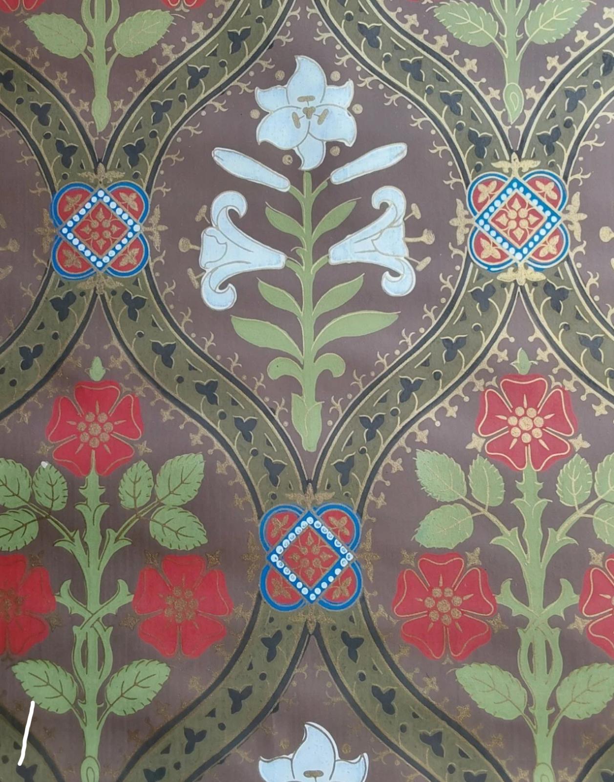 Neogotico Rolle di carta da parati con giglio gotico di A.W.N. Pugin, Woollam & Co. di Londra, 1850 in vendita