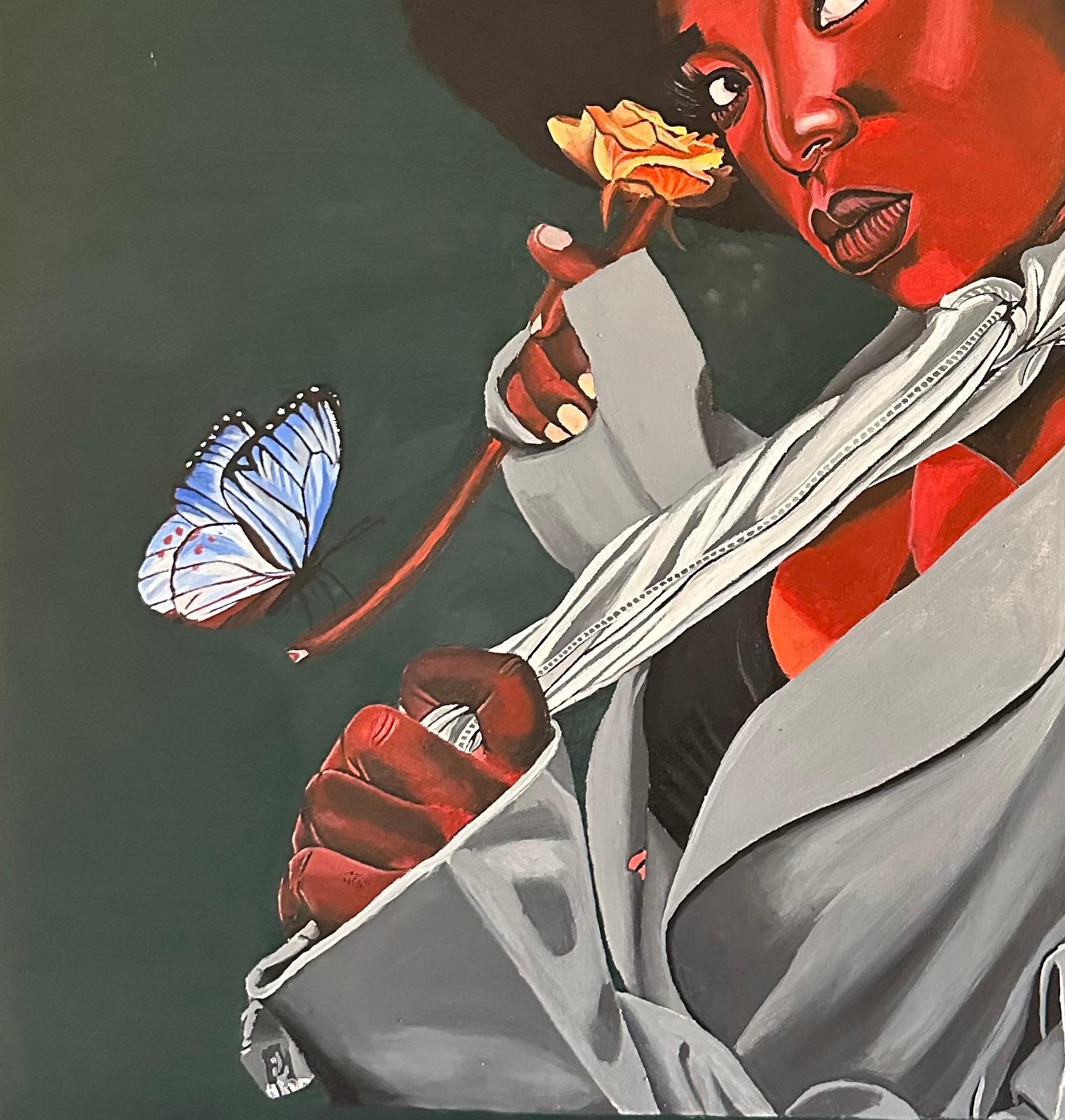 Il suo cuore in frantumi - 21° secolo, Contemporaneo, Ritratto figurativo, Floreale - Portrait Painting Grigio di Awofadeju Solomon