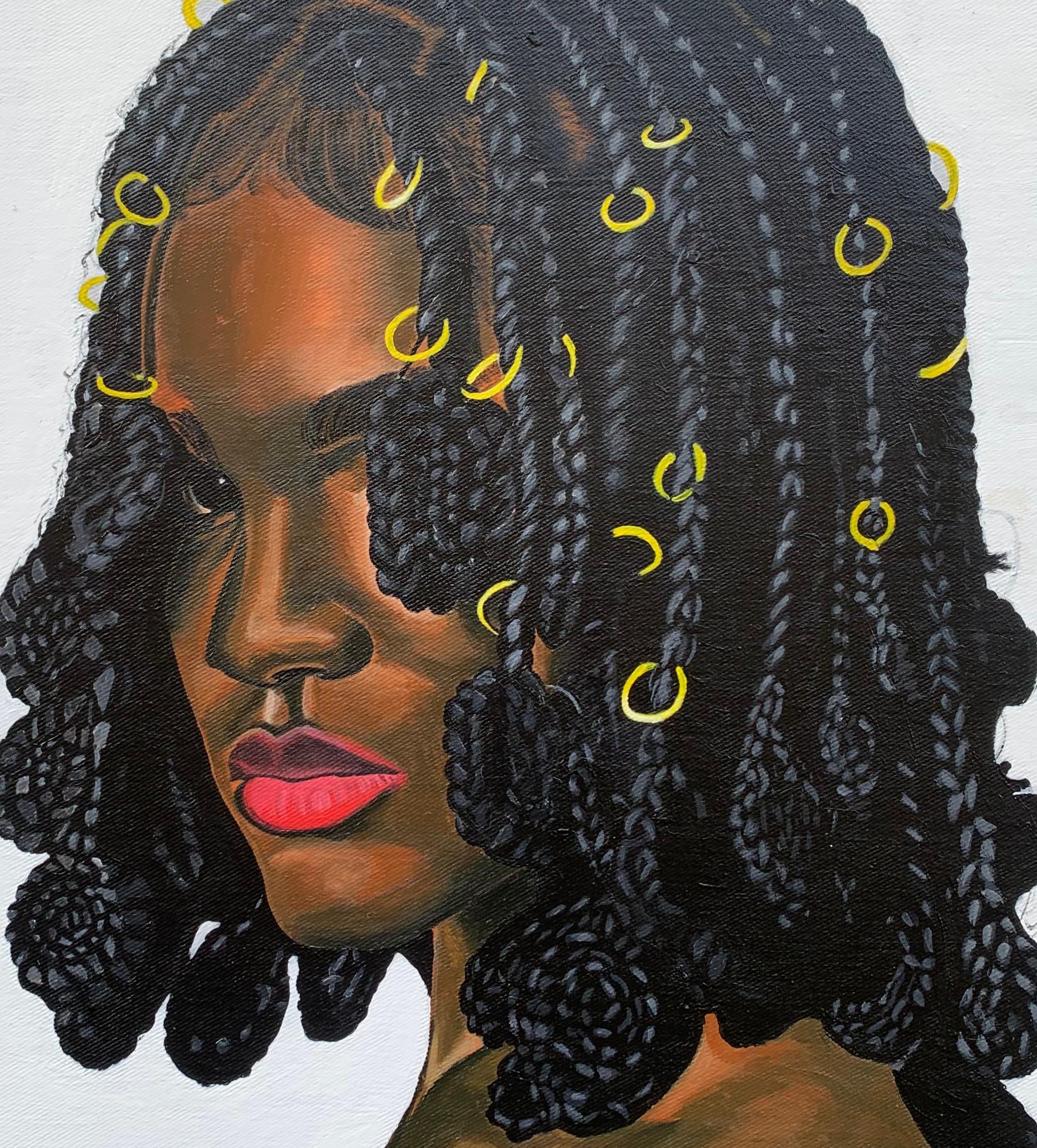 Never Back Down - Siglo XXI, Contemporáneo, Retrato Figurativo, Mujer, África - Figurative Painting Gris de Awofadeju Solomon