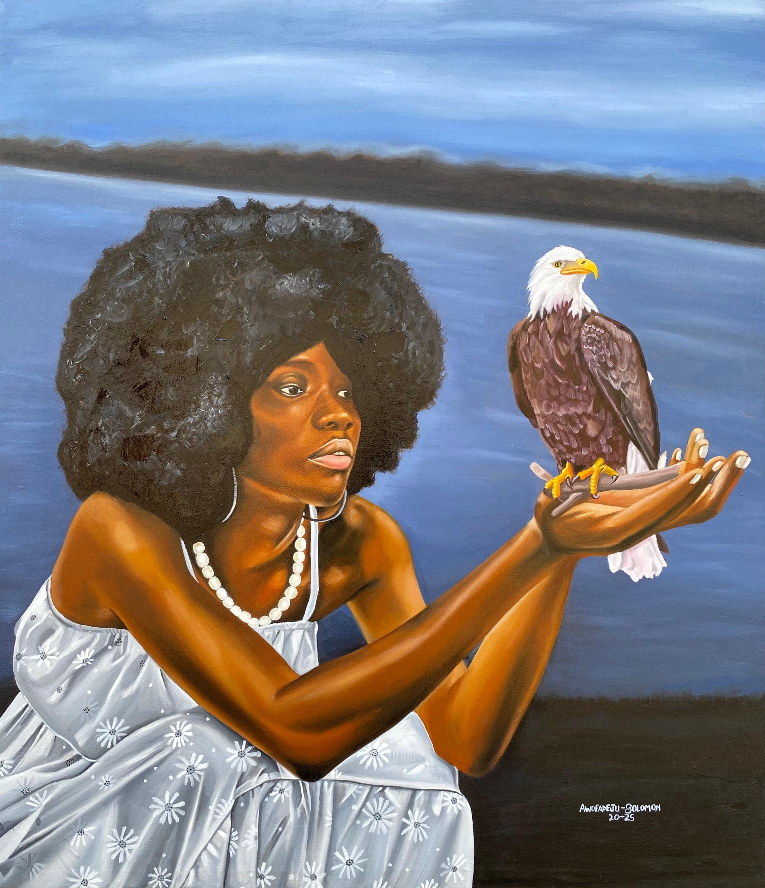 Portrait Painting de Awofadeju Solomon - Símbolo de la Esperanza -Siglo XXI Contemporáneo Figurativo de una Mujer y un Pájaro Moderno