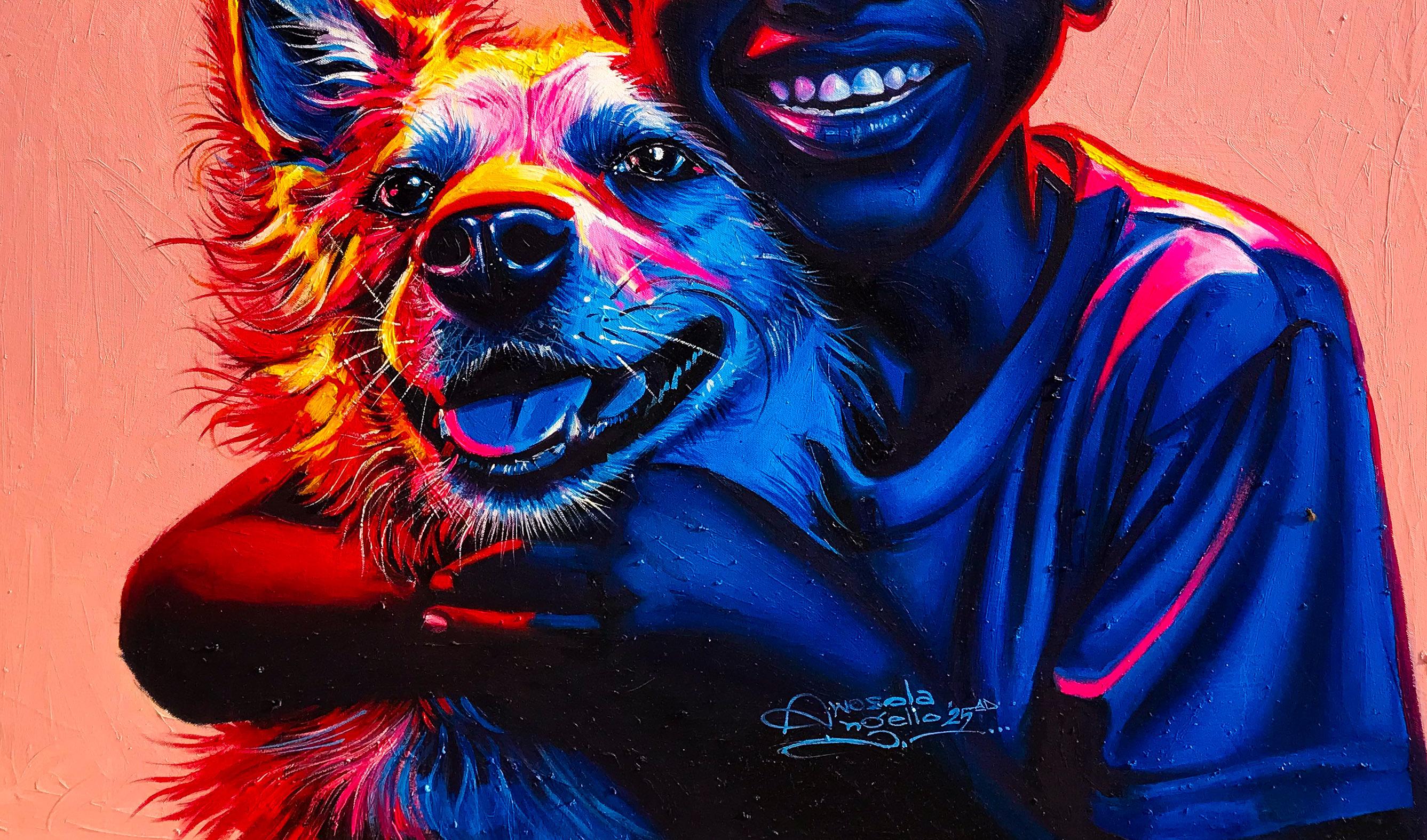 Companion 2 - 21° secolo, Contemporaneo, Ritratto figurativo, Animale, Ragazzo, Cane - Figurative Painting Arancia di Awosola Michael Angello