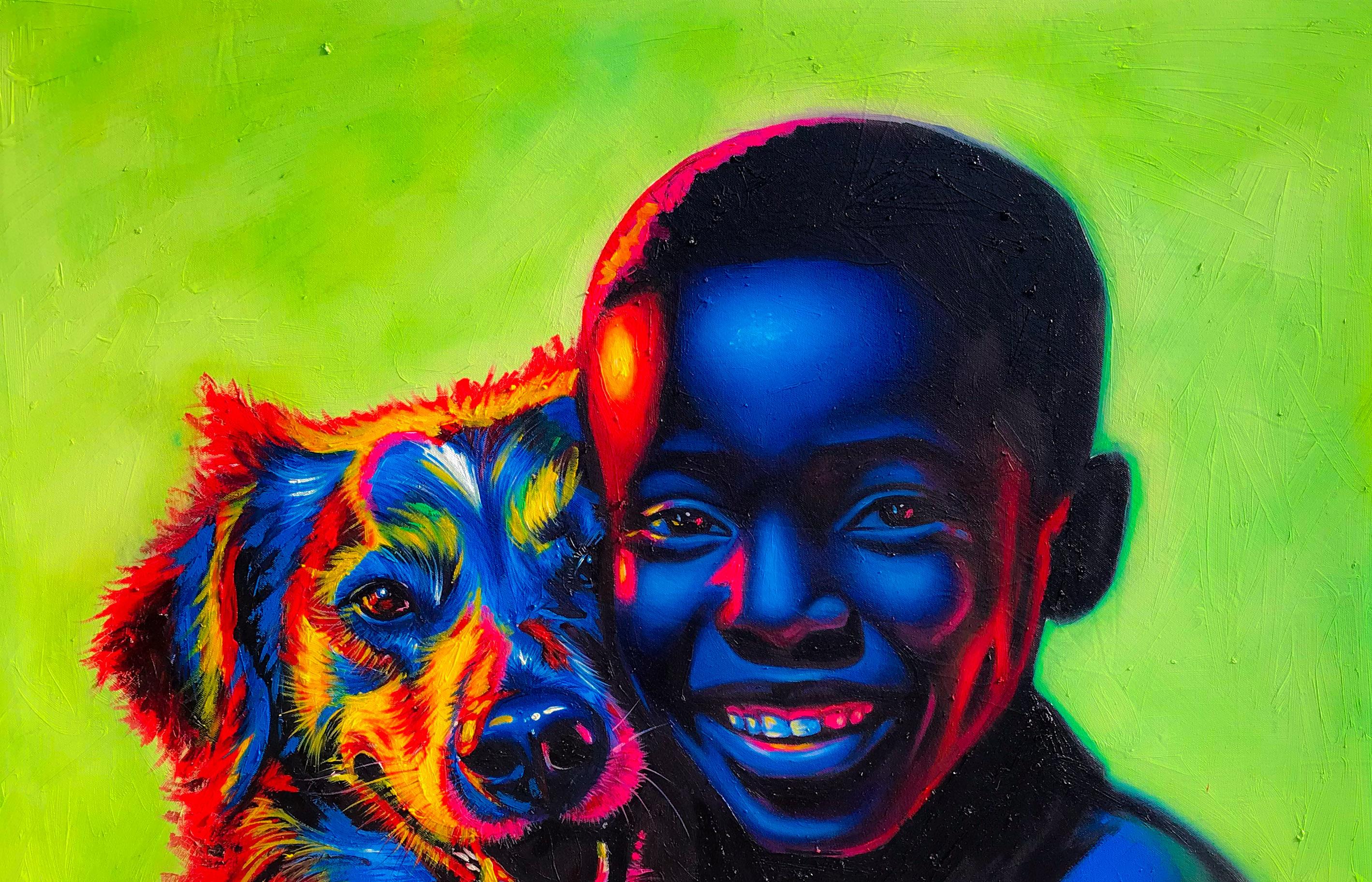 Companion 3 - 21st Century, Contemporary, Figurative Portrait, Animal, Boy, Dog - Painting by Awosola Michael Angello