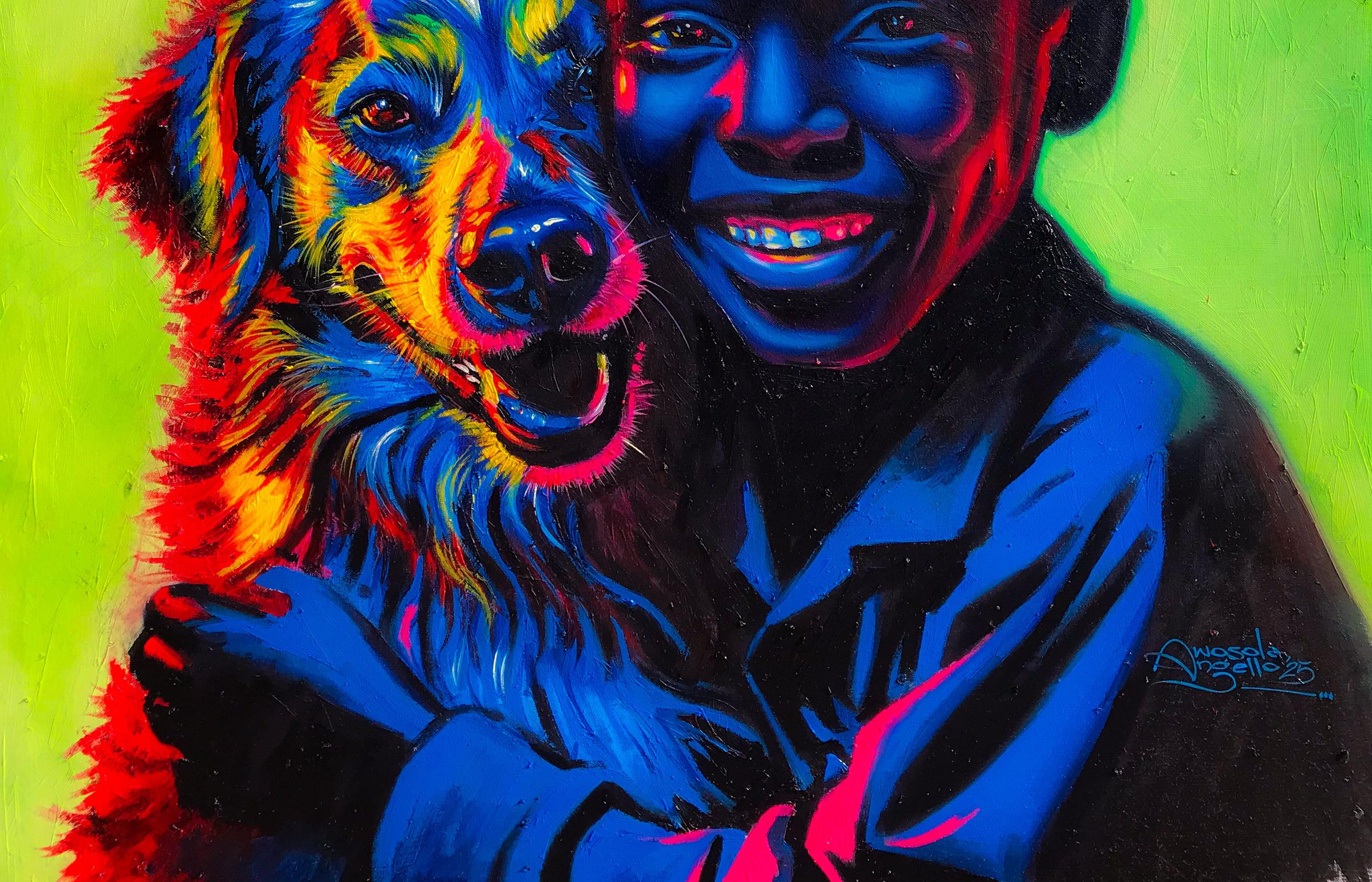 Companion 3 - 21st Century, Contemporary, Figurative Portrait, Animal, Boy, Dog - Purple Figurative Painting by Awosola Michael Angello