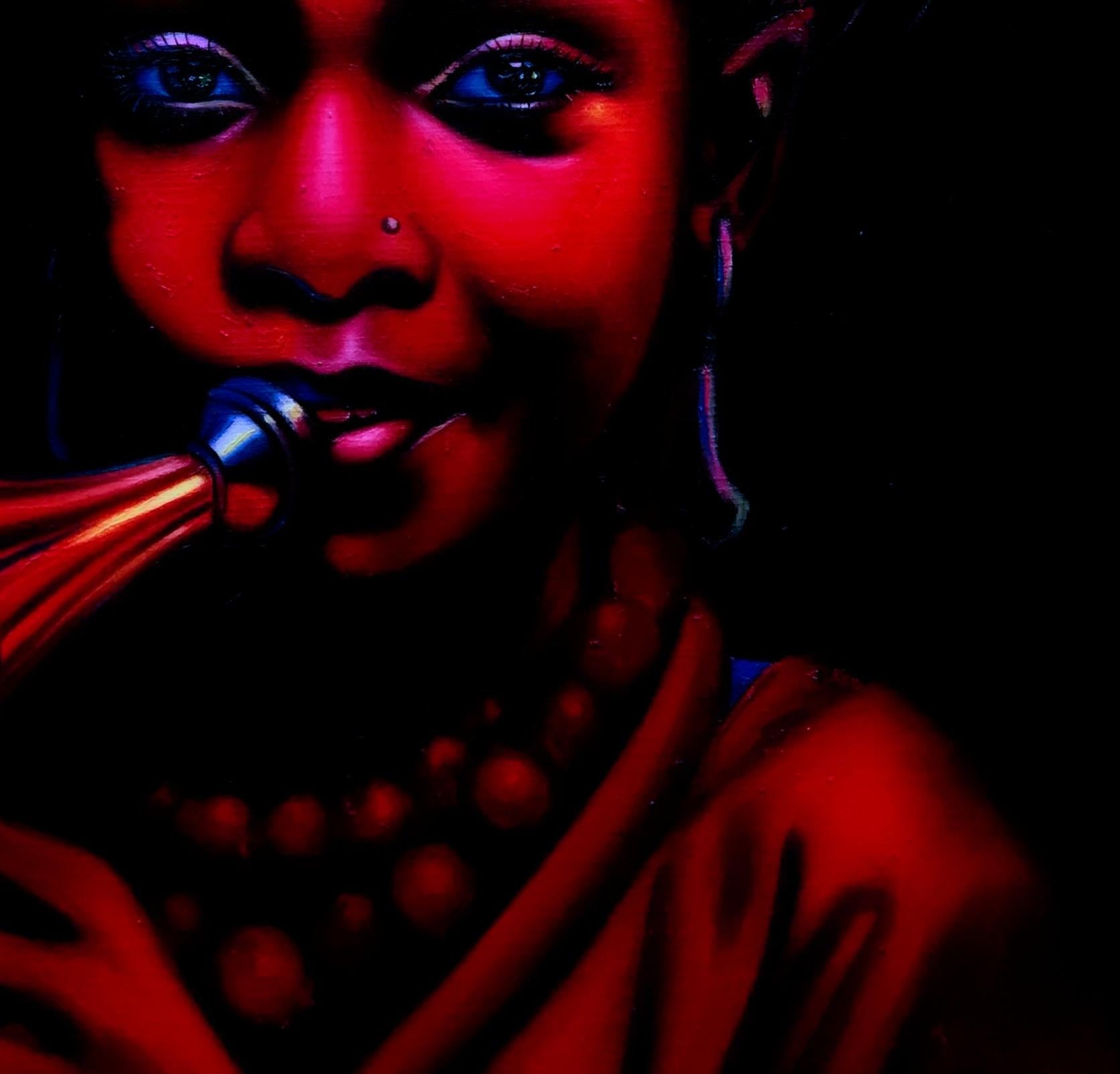 Dot Dot Blue - 21° secolo, Contemporaneo, Ritratto figurativo, Olio, Musica, Donne in vendita 1