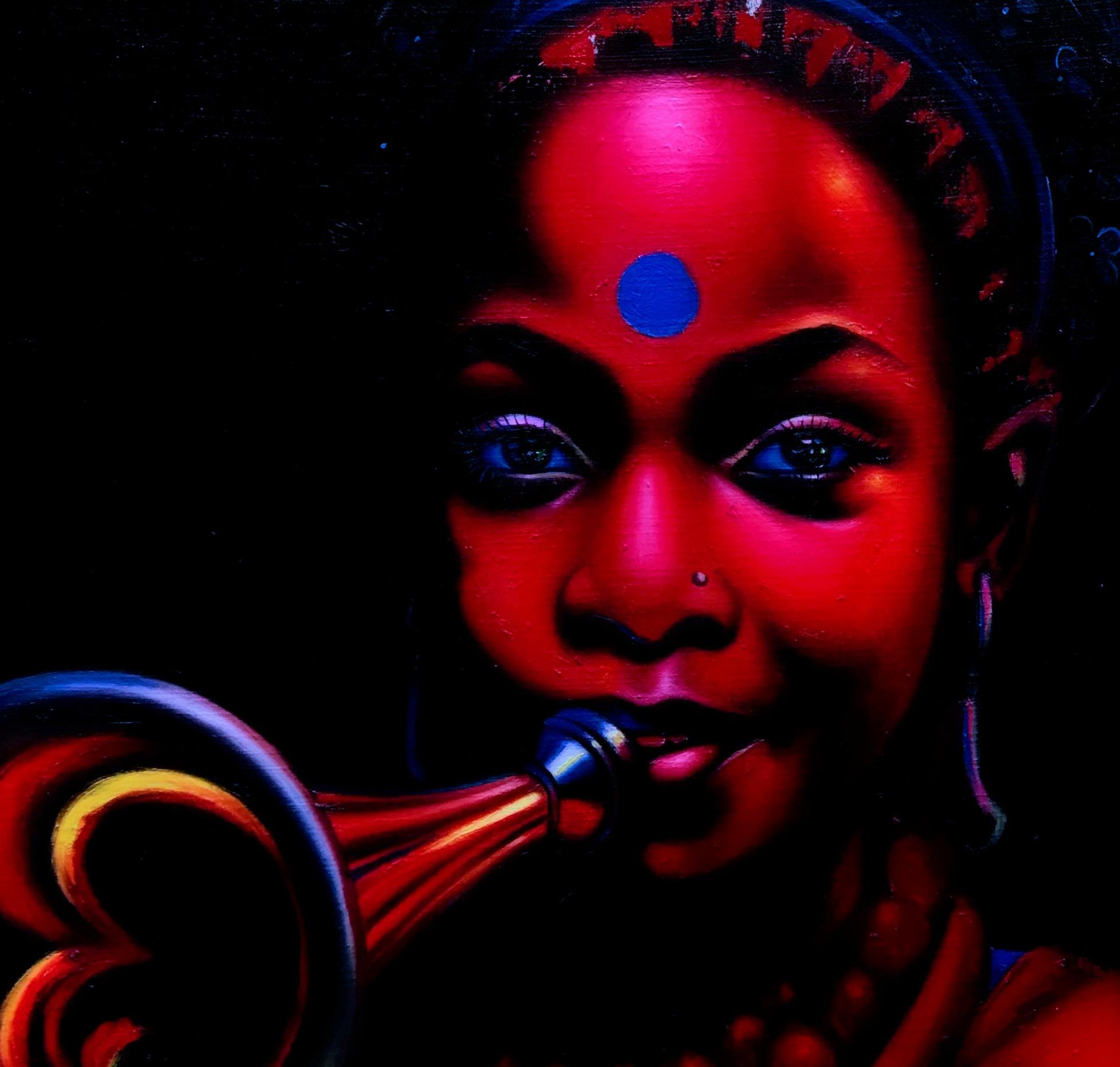 Dot Dot Blue - 21° secolo, Contemporaneo, Ritratto figurativo, Olio, Musica, Donne in vendita 2