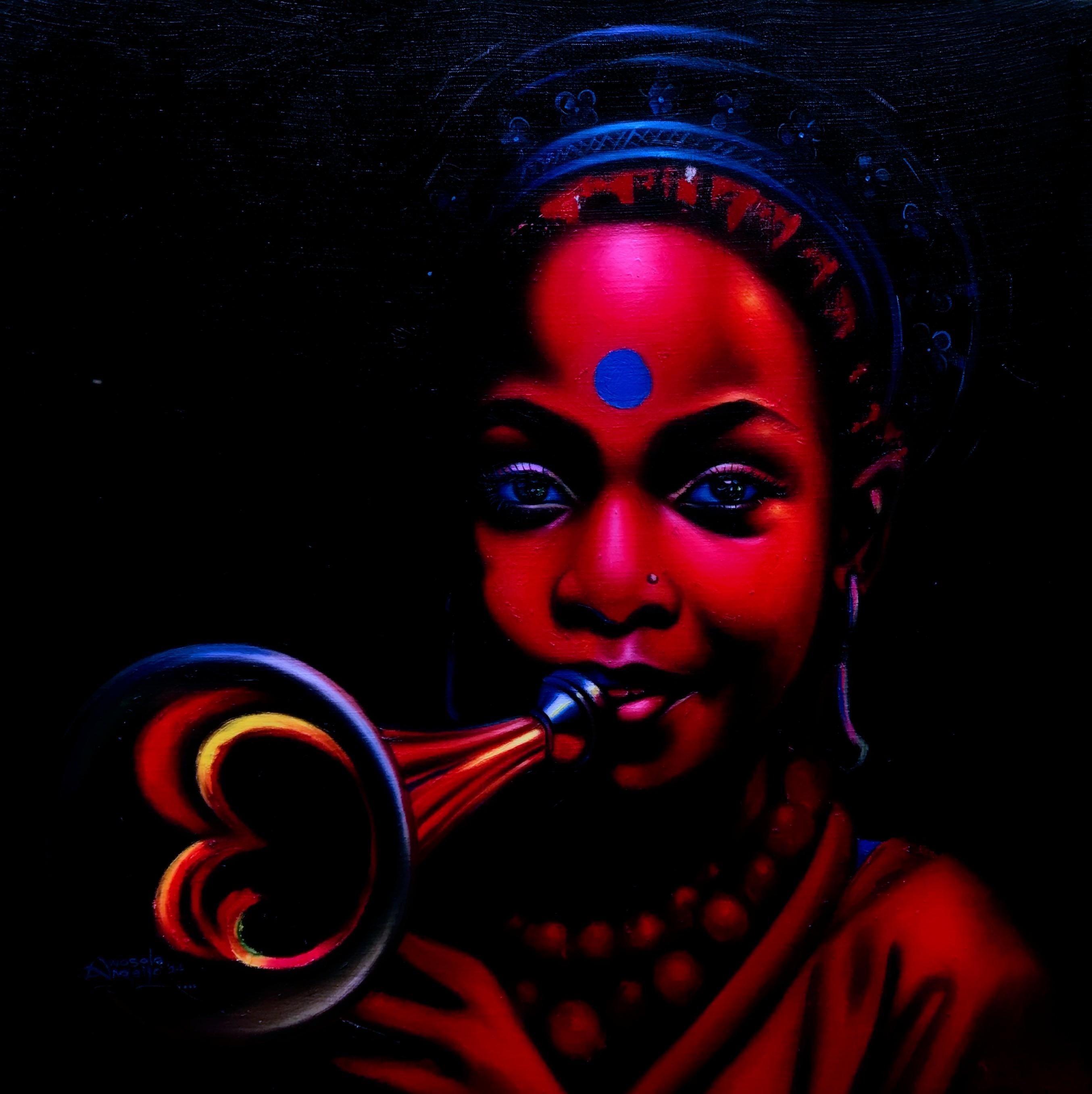 Figurative Painting di Awosola Michael Angello - Dot Dot Blue - 21° secolo, Contemporaneo, Ritratto figurativo, Olio, Musica, Donne