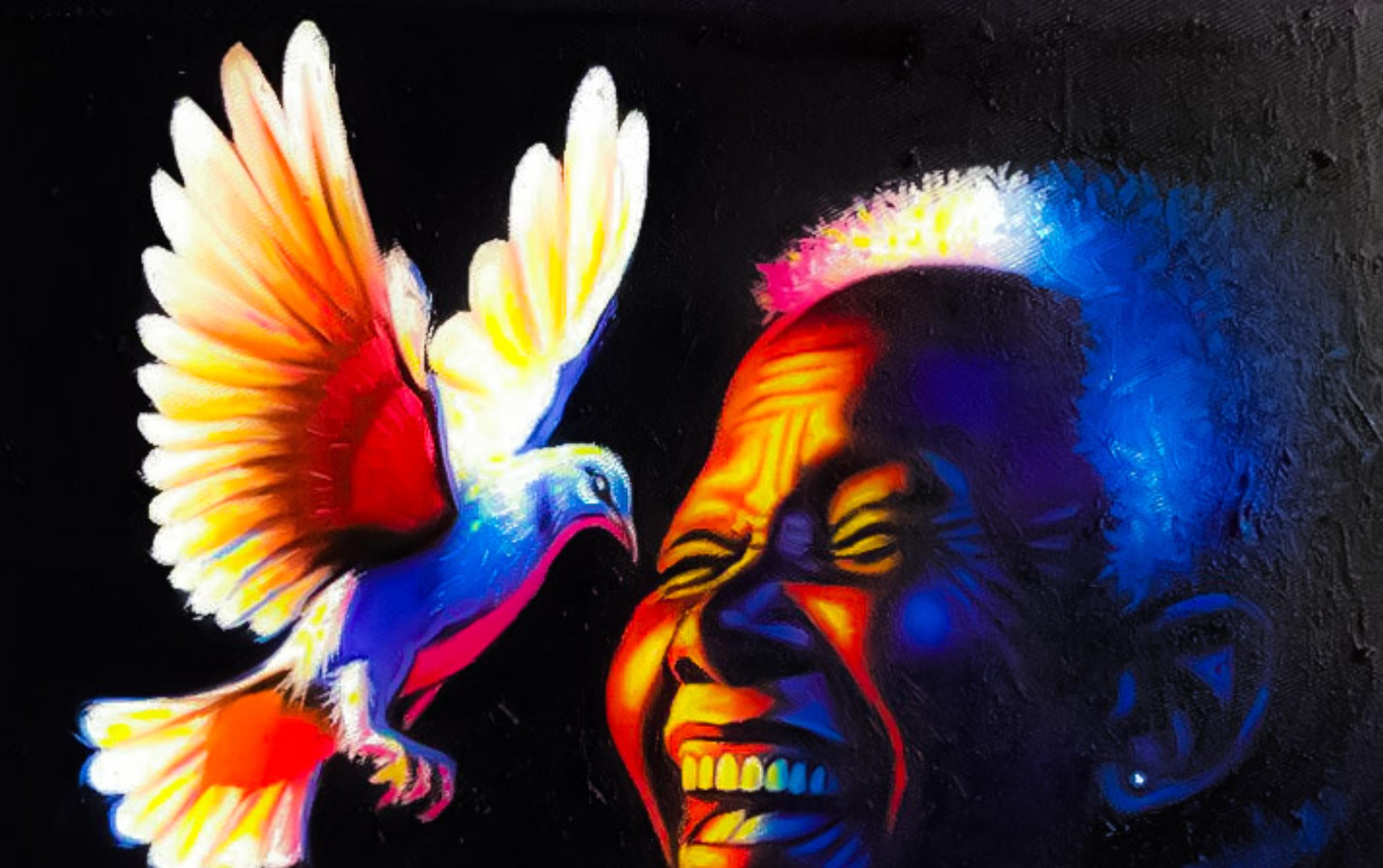 Goodnews 3 - 21e siècle, Contemporary, Figurative, Portrait, Bird, Happiness - Contemporain Painting par Awosola Michael Angello