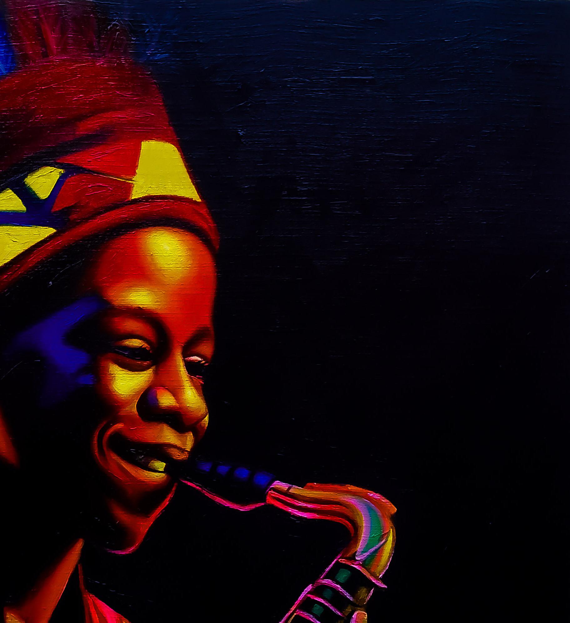 Joyful Serenade - 21. Jahrhundert, Zeitgenössisch, Figuratives Porträt, Öl, Musik (Schwarz), Portrait Painting, von Awosola Michael Angello
