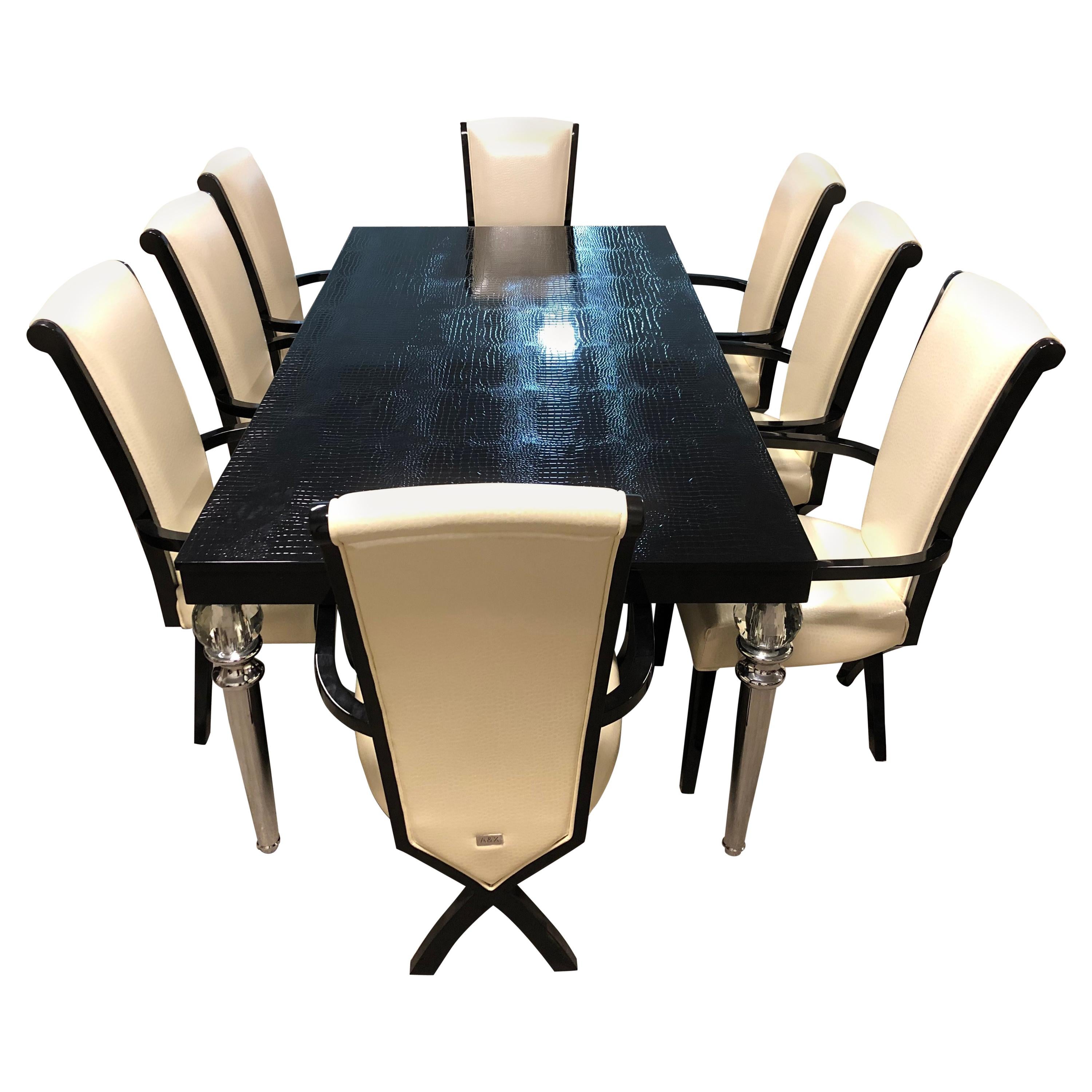 A&X Baccarat Transitional Black Crocodile Dining Table