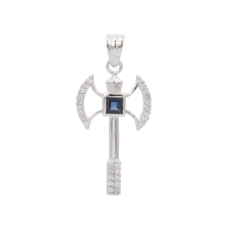 Art Deco Axe Pendant with Blue Sapphire Diamond in Sterling Silver Men's Pendant For Sale