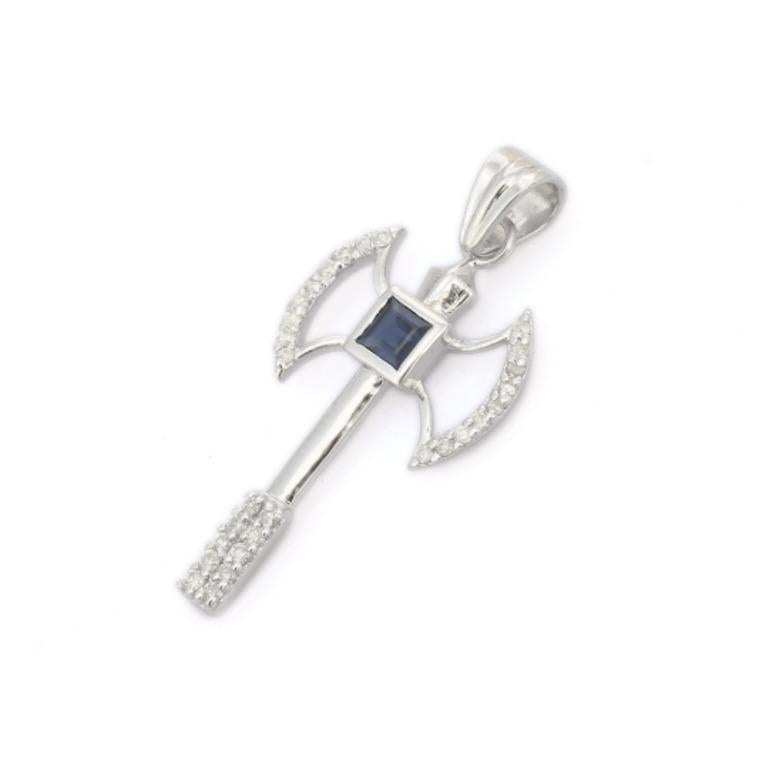 Women's Axe Pendant with Blue Sapphire Diamond in Sterling Silver Men's Pendant For Sale