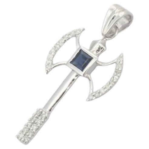 Axe Pendant with Blue Sapphire Diamond in Sterling Silver Men's Pendant For Sale