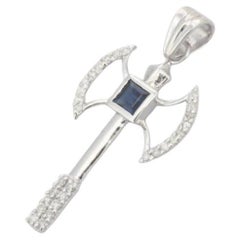 Used Axe Pendant with Blue Sapphire Diamond in Sterling Silver Men's Pendant