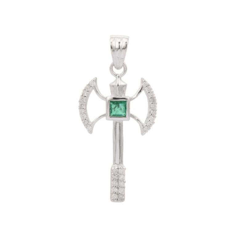 Art Deco Axe Pendant with Emerald and Diamond in Sterling Silver Men's Pendant For Sale