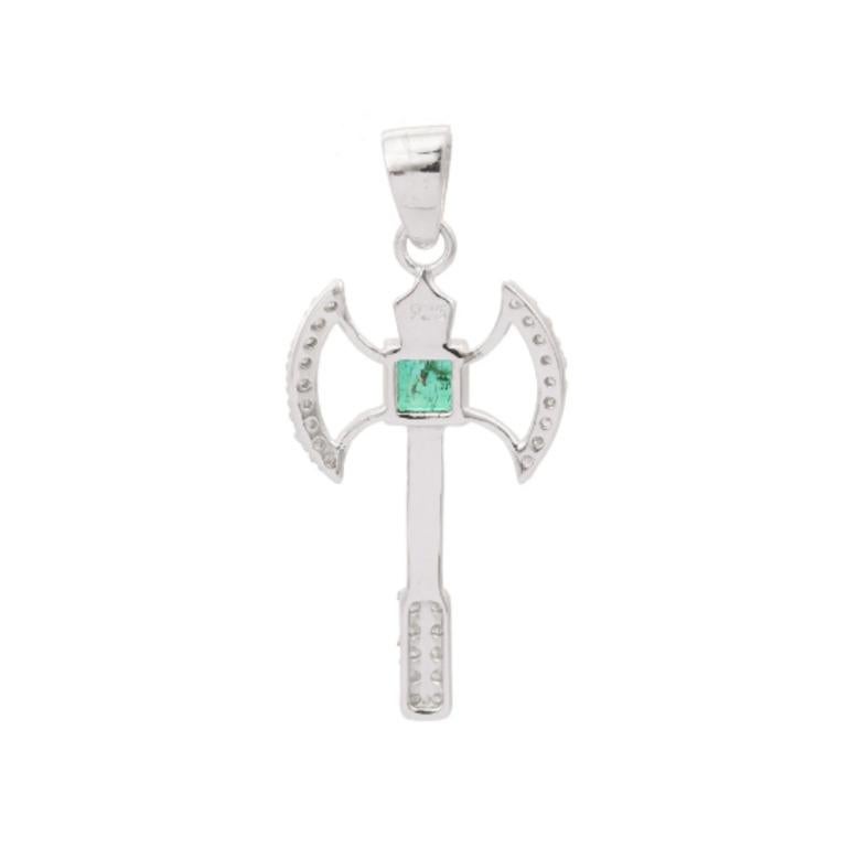 Oval Cut Axe Pendant with Emerald and Diamond in Sterling Silver Men's Pendant For Sale