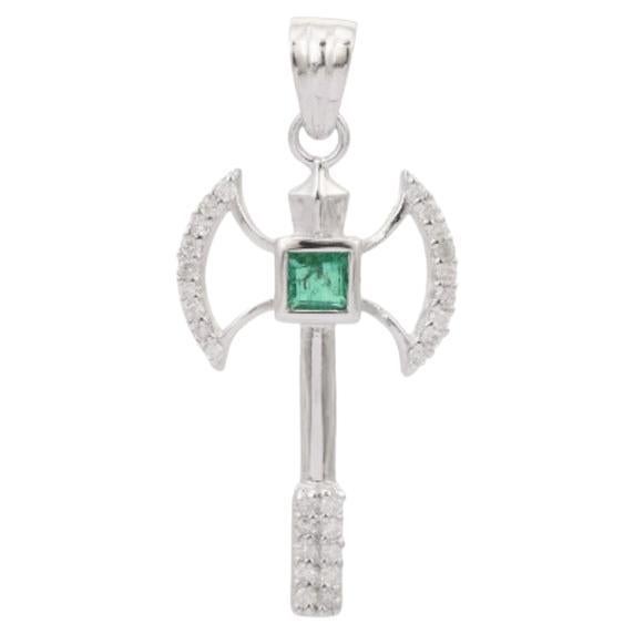 Axe Pendant with Emerald and Diamond in Sterling Silver Men's Pendant For Sale