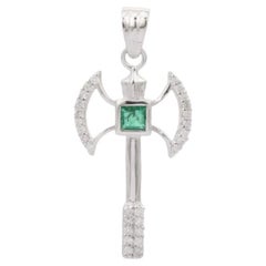 Vintage Axe Pendant with Emerald and Diamond in Sterling Silver Men's Pendant