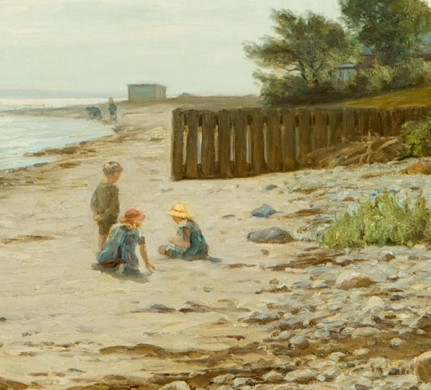 Children on the Beach, A Landscape with Figures Dutch 20th Century - Beige Figurative Painting by Axel Birkhammer