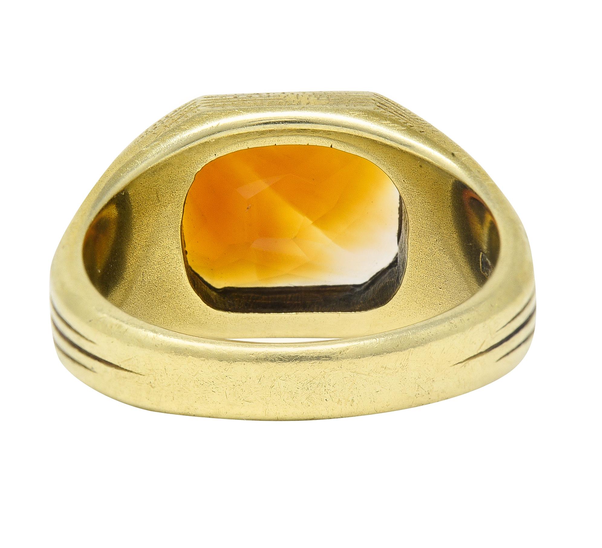 Axel Bros Art Deco Citrine 14 Karat Yellow Gold Lotus Antique Unisex Signet Ring 3