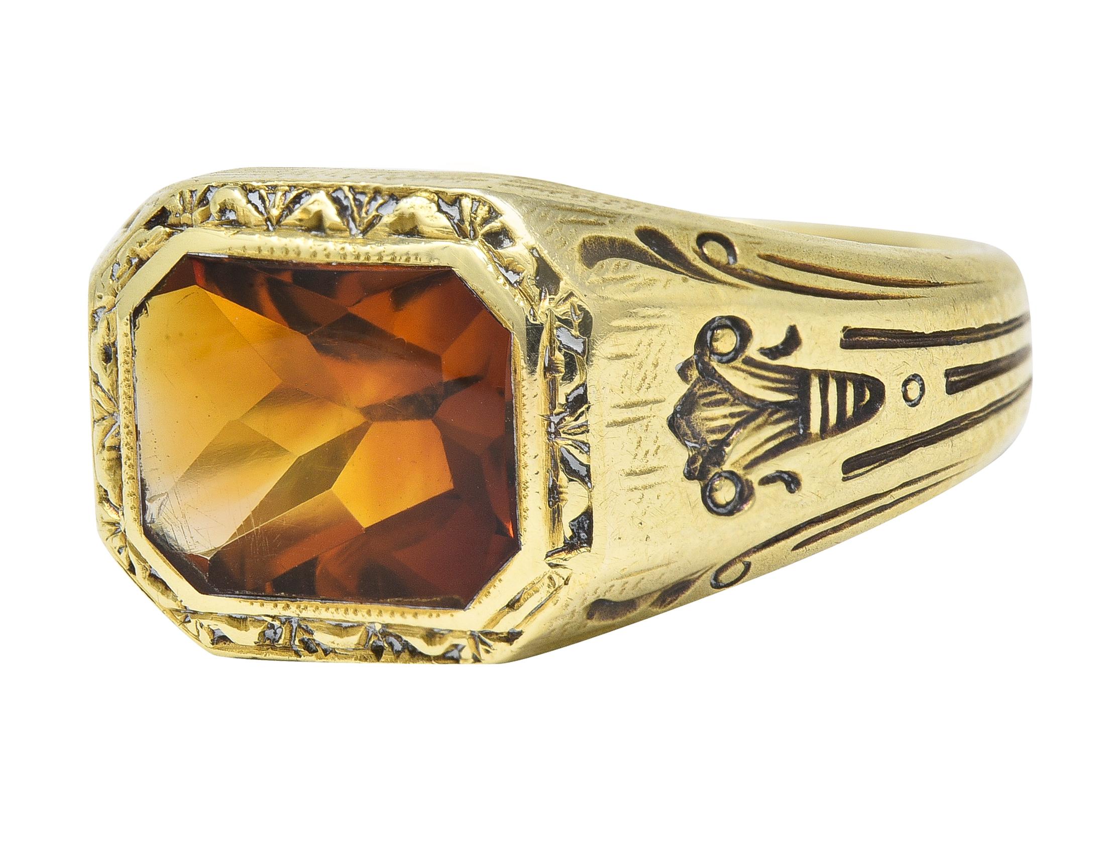 Axel Bros Art Deco Citrine 14 Karat Yellow Gold Lotus Antique Unisex Signet Ring 1