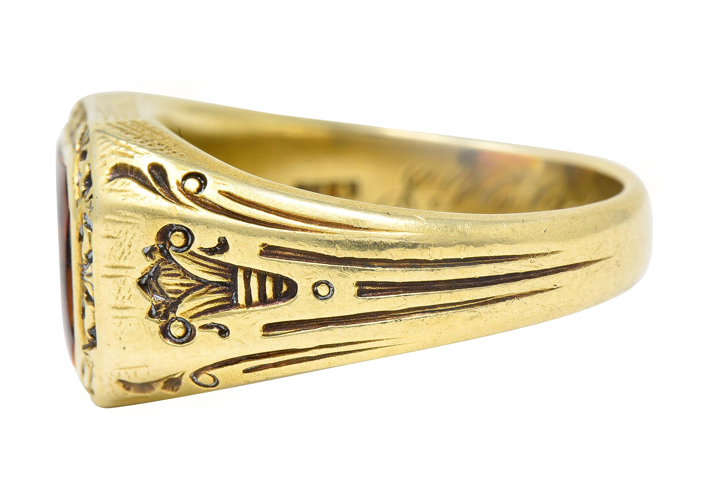 Axel Bros Art Deco Citrine 14 Karat Yellow Gold Lotus Antique Unisex Signet Ring 2