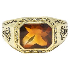 Axel Bros, bague sigillaire unisexe d'époque Art déco en or jaune 14 carats et citrine en forme de lotus