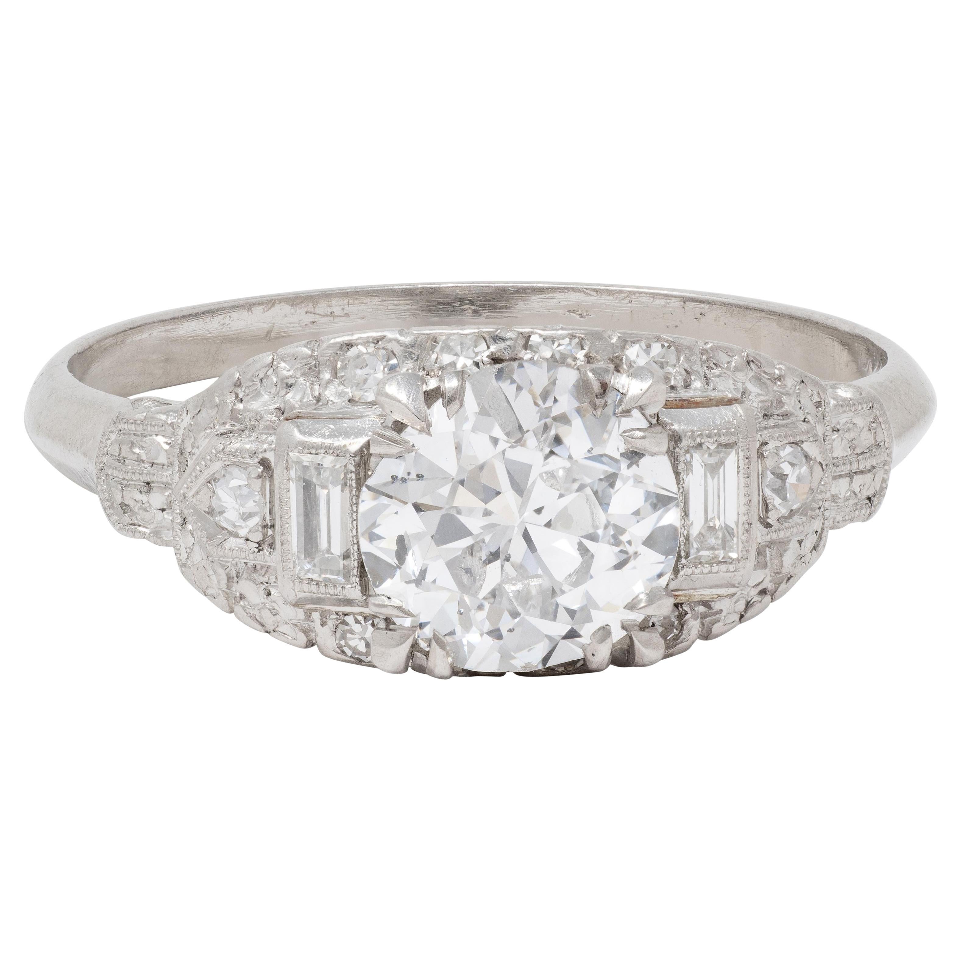 Axel Bros. Art Deco Old European Cut Diamond Platinum Stepped Engagement Ring For Sale