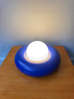 Axel Chay Donut Table Lamp Blue Lacquered Steel Opaline Glass Sculptural Art