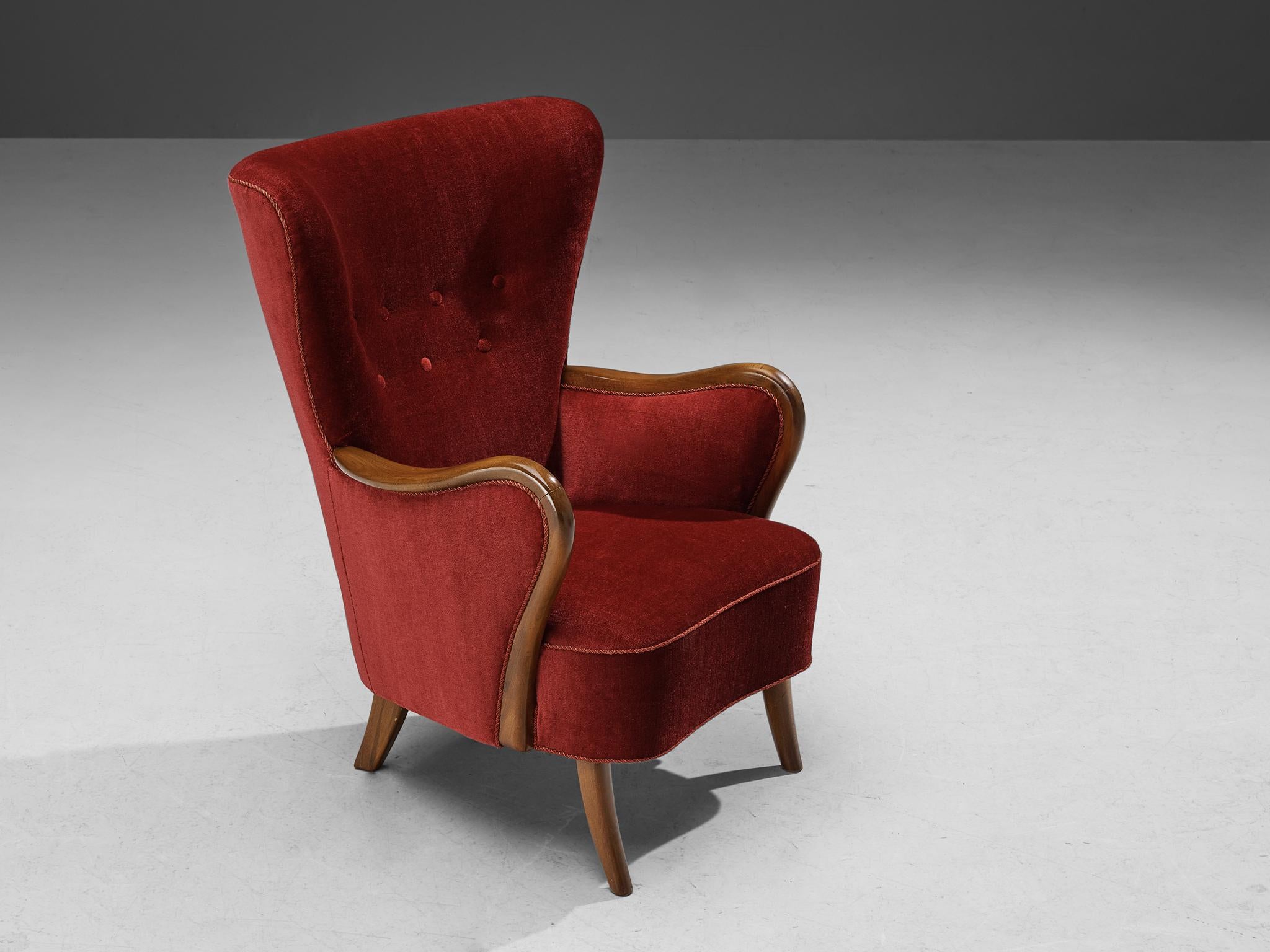 Axel Christensen Danish Pair of Lounge Chairs in Burgundy Velvet 5