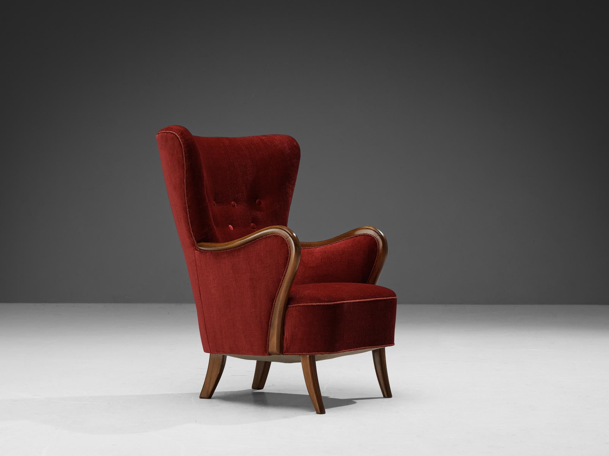 Mid-Century Modern Axel Christensen Danish Pair of Lounge Chairs in Burgundy Velvet