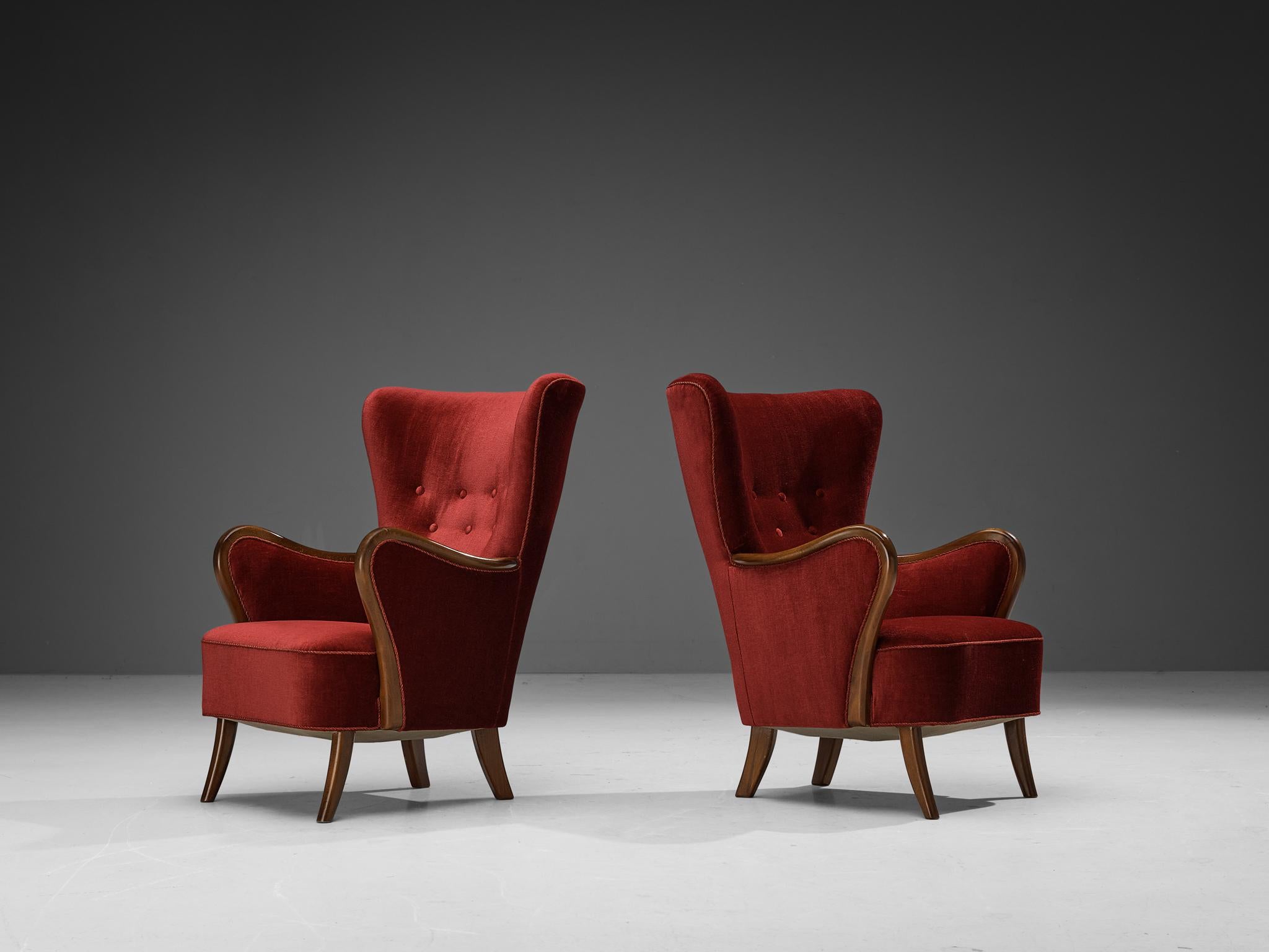 Axel Christensen Danish Pair of Lounge Chairs in Burgundy Velvet 1