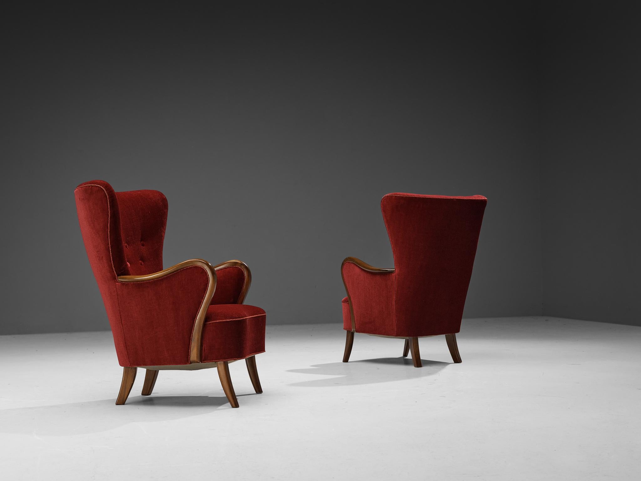 Axel Christensen Danish Pair of Lounge Chairs in Burgundy Velvet 3