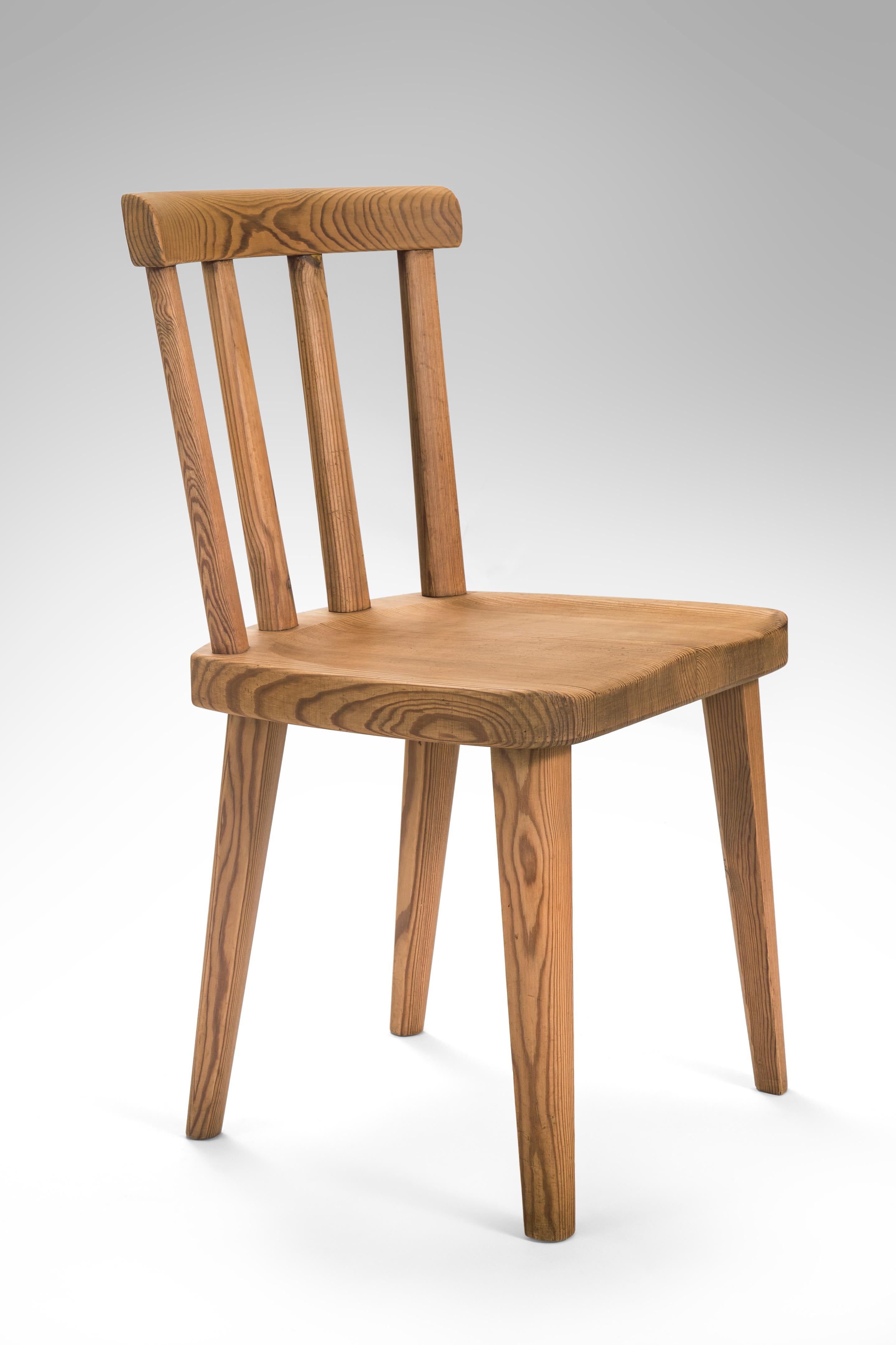 Axel Einar Hjorth, for Nordiska Kompaniet, set of six Solid Pine Utö chairs 
Early 20th century
A straight forward, comfortable and solidly constructed chair. The concave top rail raised on four rounded back splats, above a contoured seat,