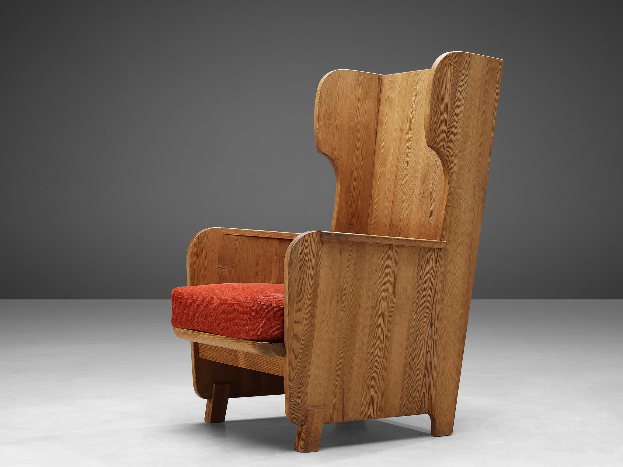 Mid-20th Century Axel Einar Hjorth 'Lovö' Lounge Chair in Solid Pine with Red Cushions