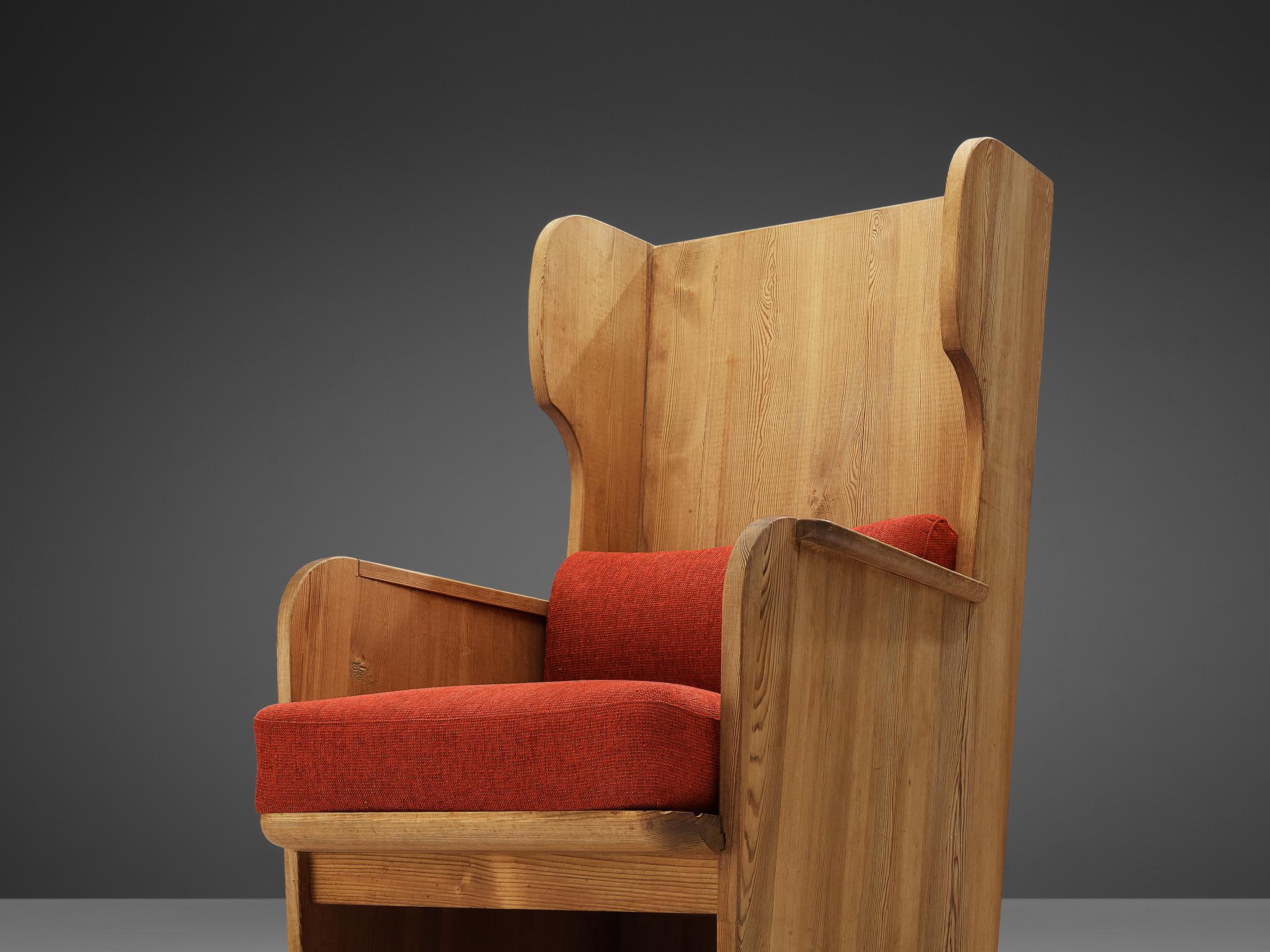 Axel Einar Hjorth 'Lovö' Lounge Chair in Solid Pine with Red Cushions 1