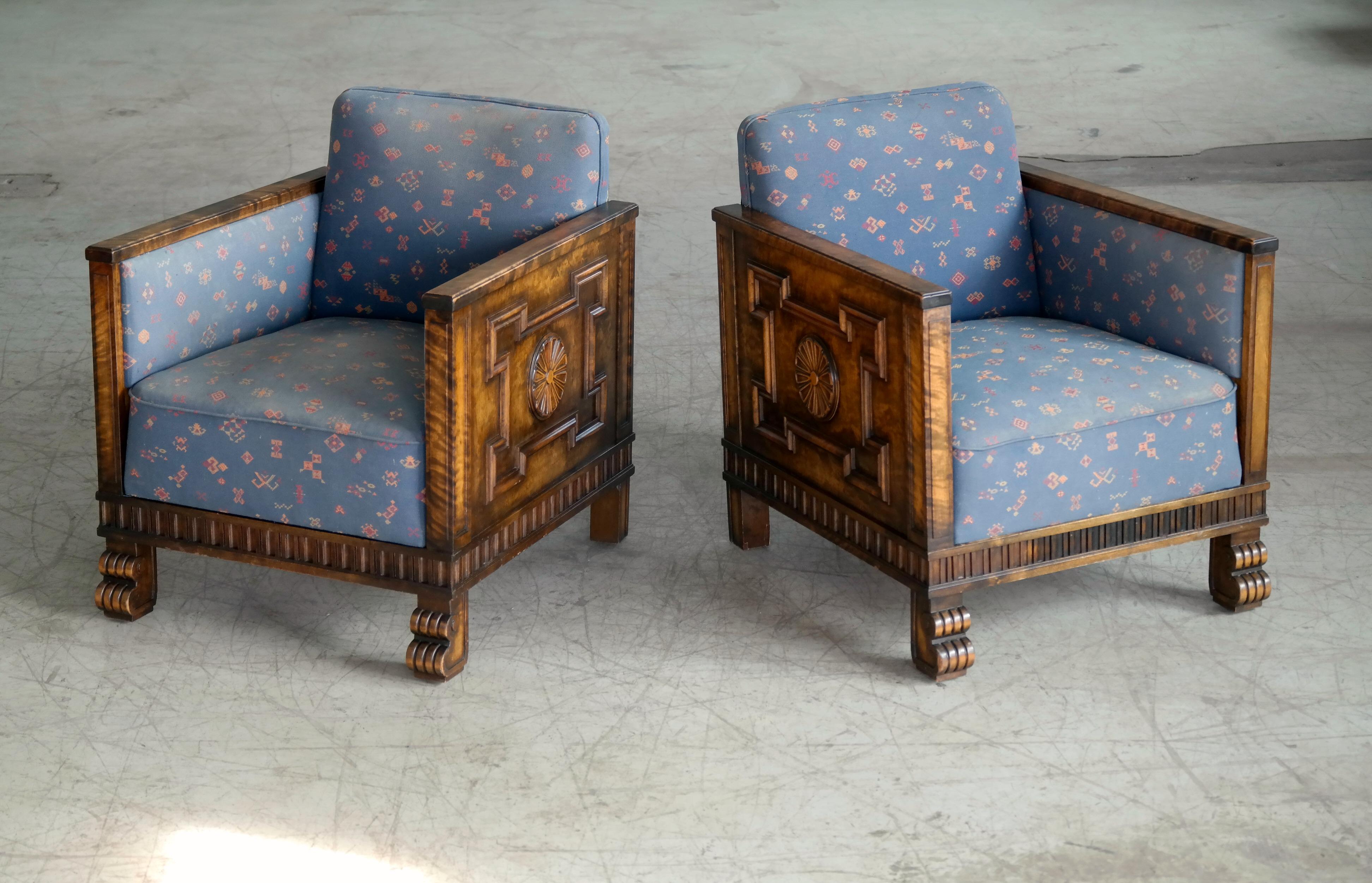 Swedish Axel Einar Hjorth Pair of Lounge or Club Chairs in Flamed Birch, Sweden, 1930s